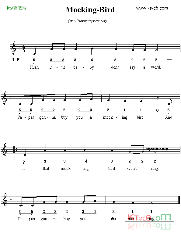 Mocking-bird线简谱混排版、英文儿歌简谱1