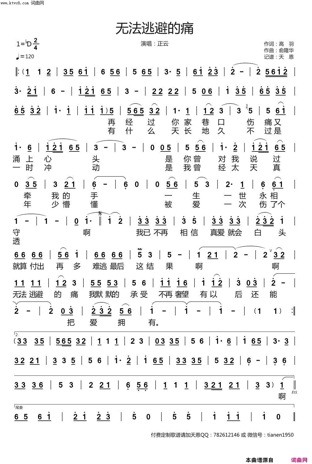 无法逃避的痛简谱-正云演唱-高羽/俞隆华词曲1