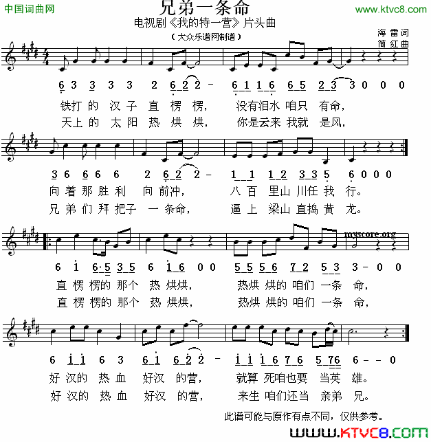 兄弟一条命电视剧《我的特一营》片头曲、简线对照简谱1