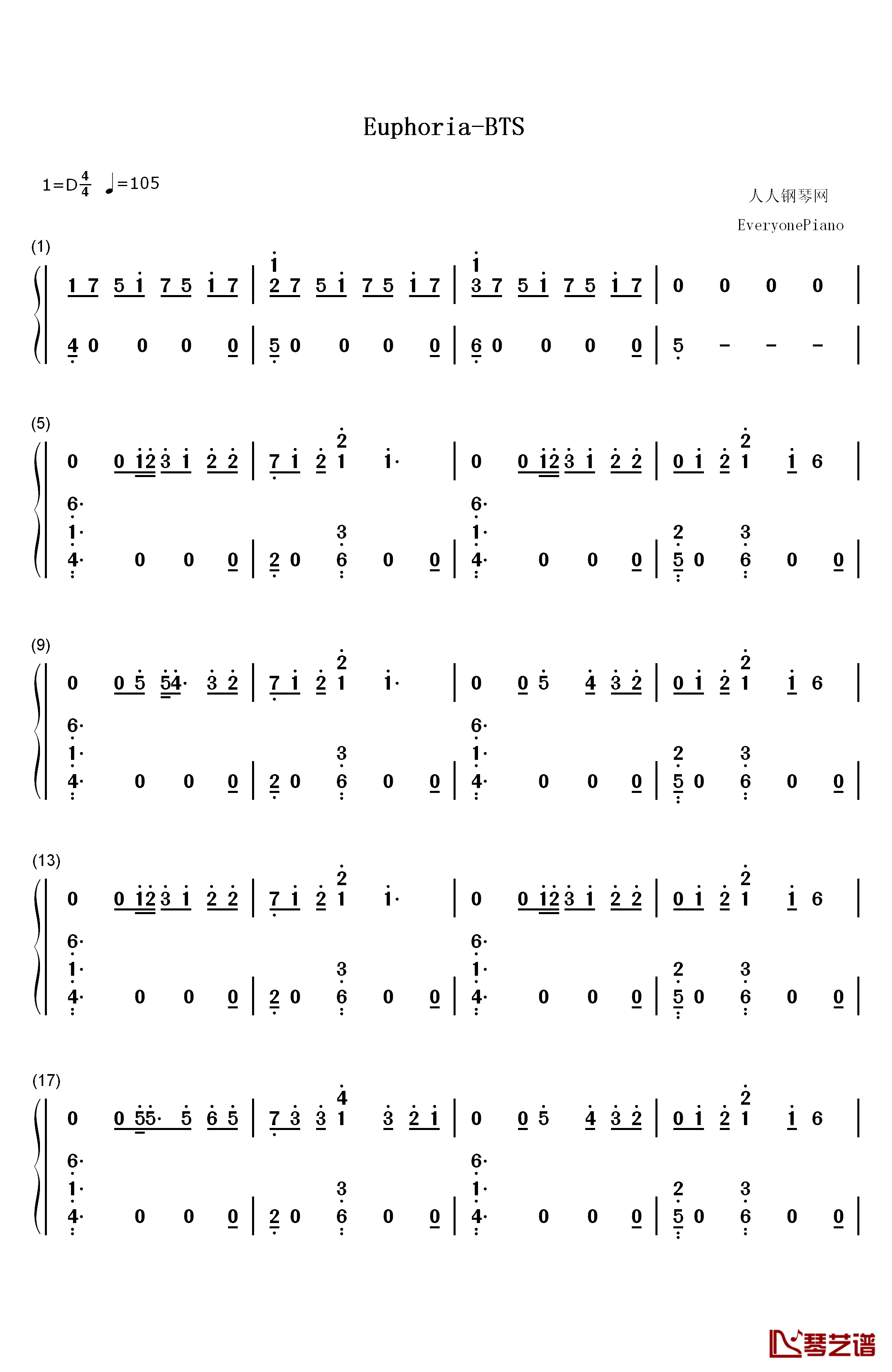 Euphoria钢琴简谱-数字双手-防弹少年团1