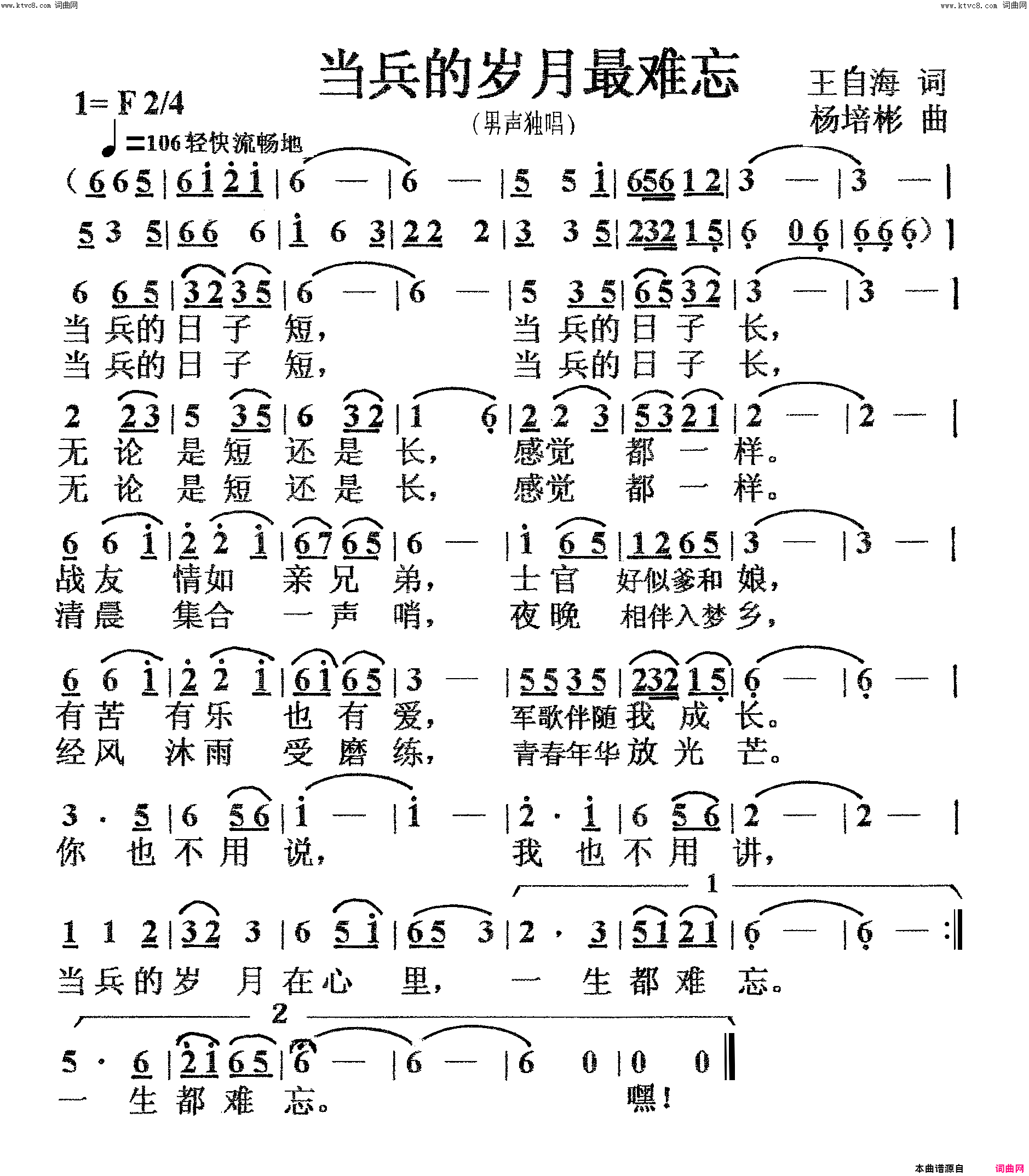 当兵的岁月最难忘男声独唱简谱1