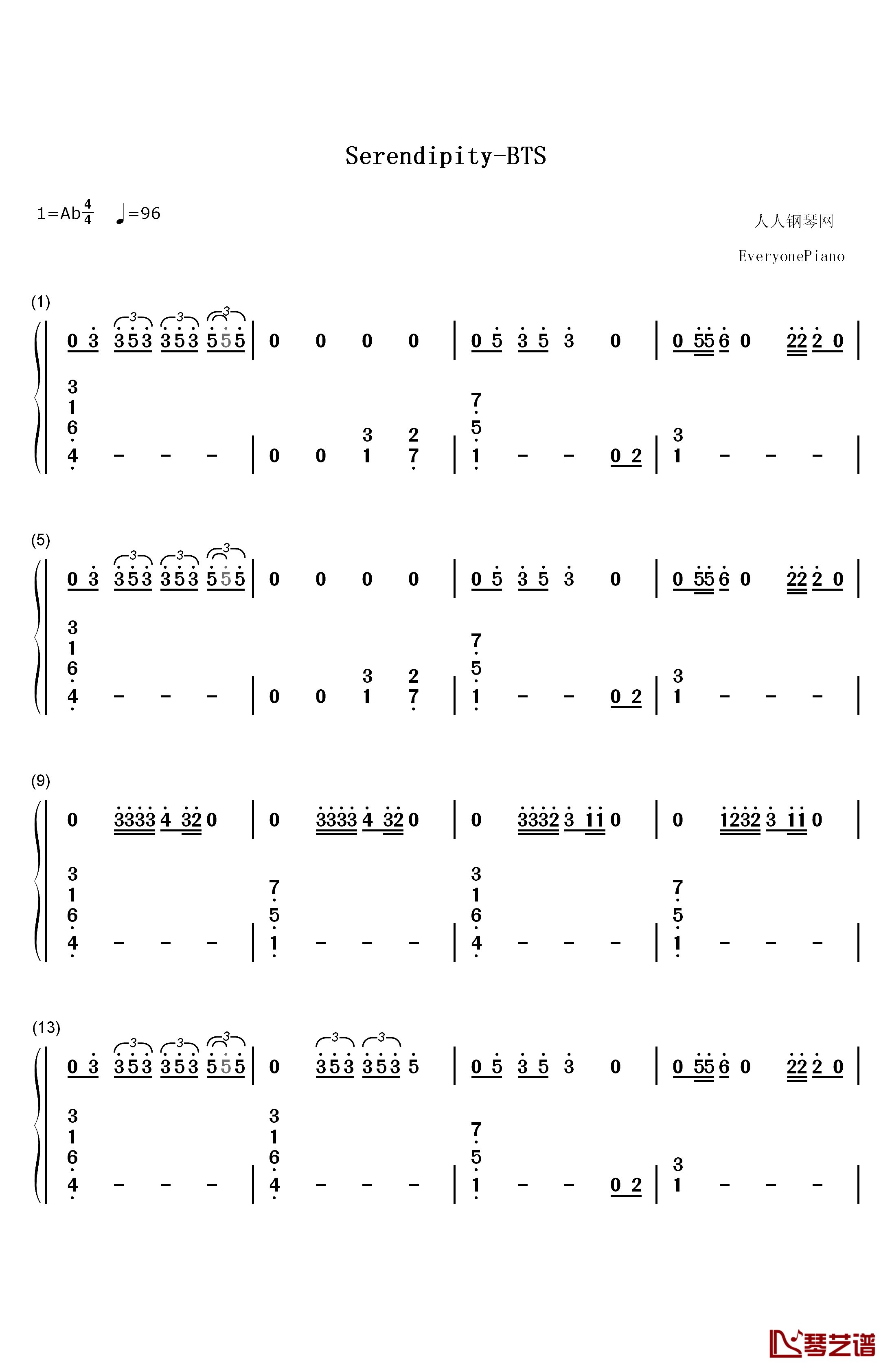 Serendipity钢琴简谱-数字双手-防弹少年团1