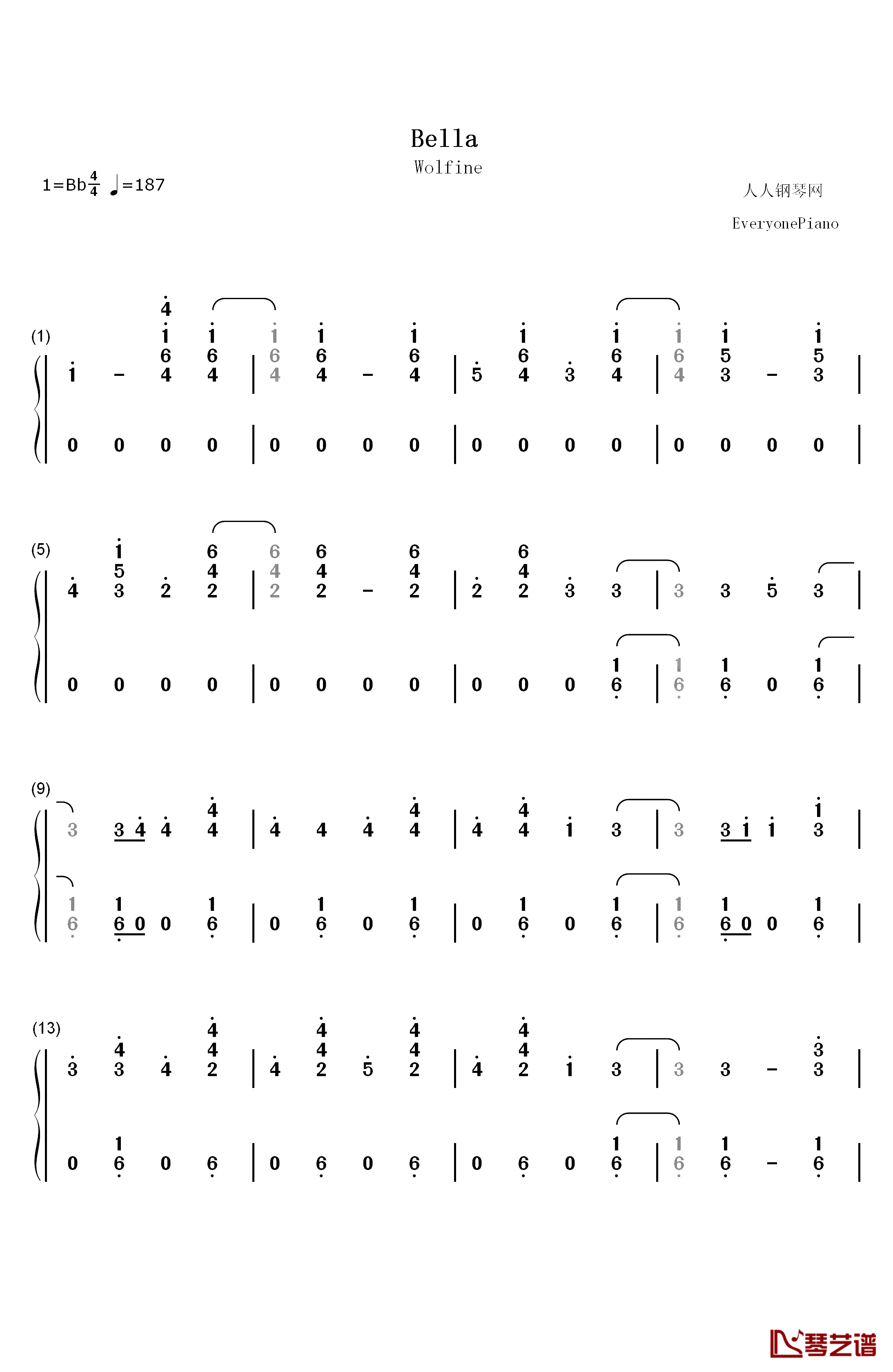 Bella钢琴简谱-数字双手-Wolfine1