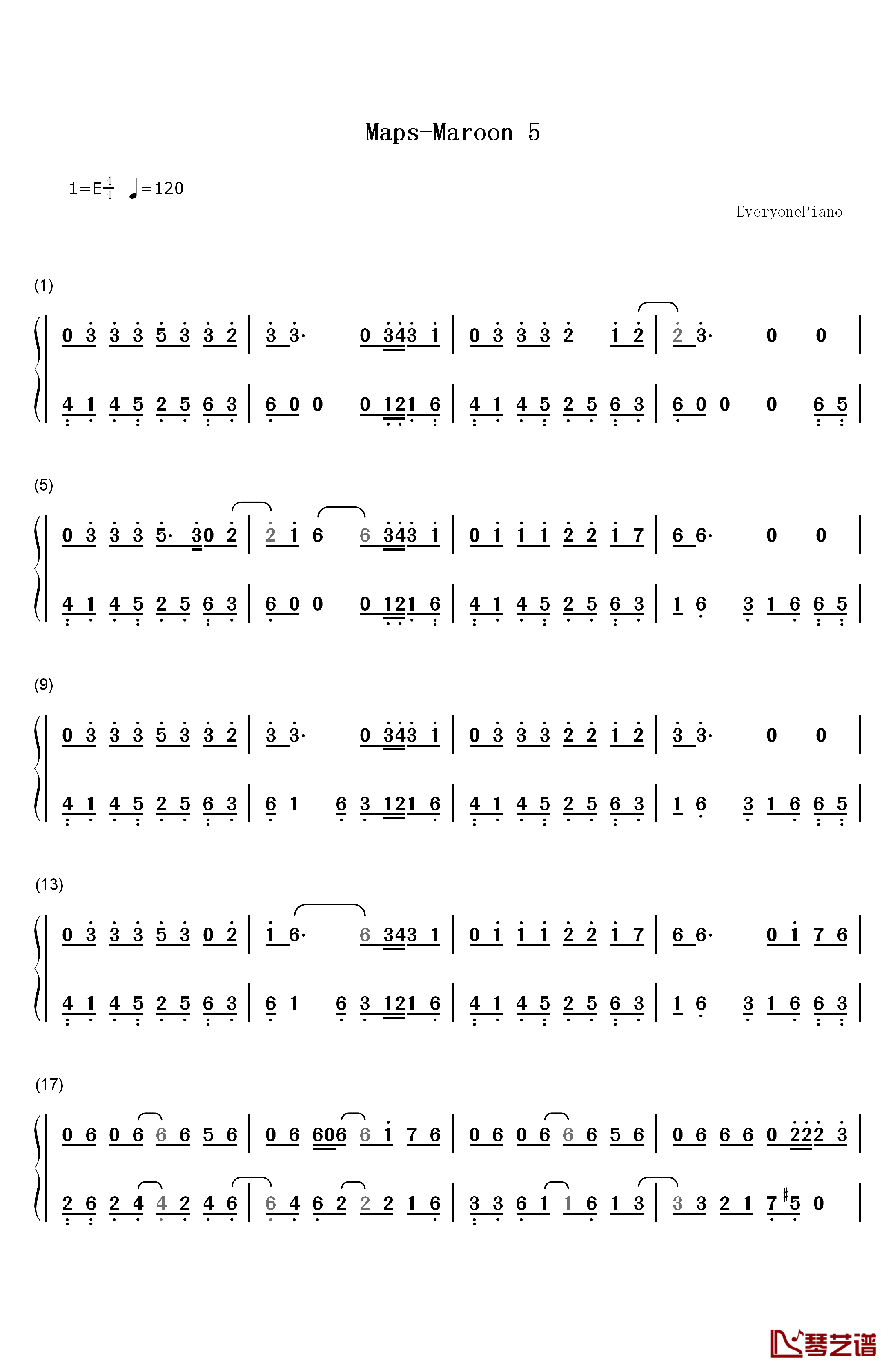 Maps钢琴简谱-数字双手-Maroon 51