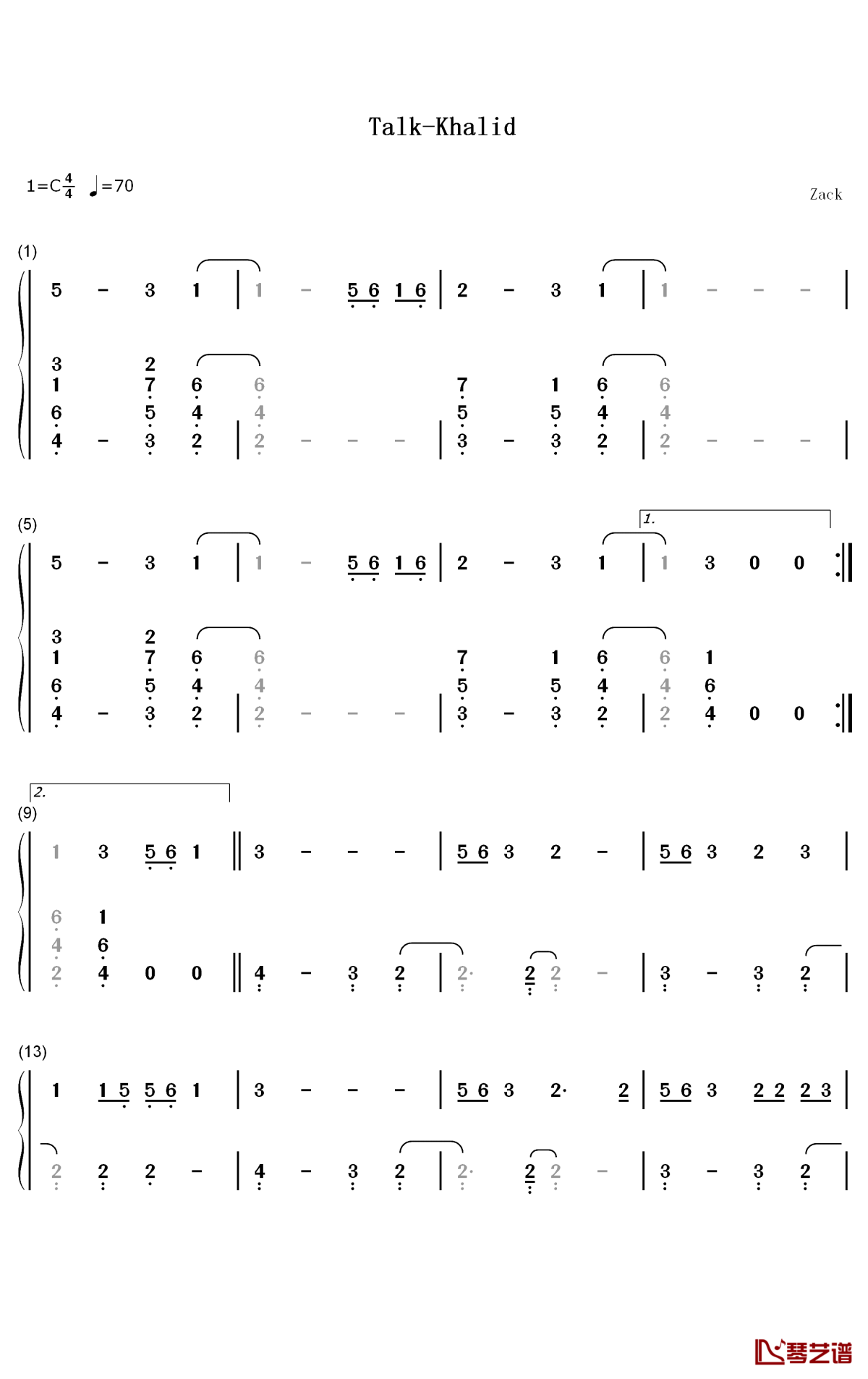 Talk钢琴简谱-数字双手-Khalid1