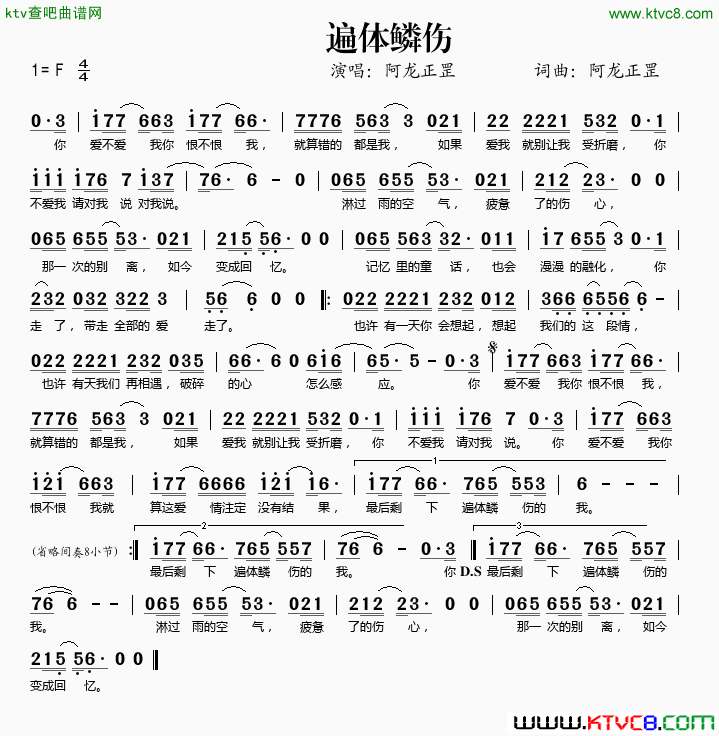 遍体鳞伤简谱-阿龙正罡演唱-阿龙正罡/阿龙正罡词曲1