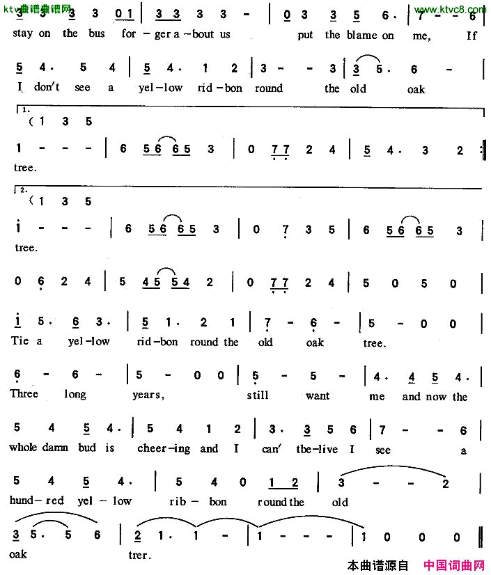 TieaYellowRibbonRoundTheOldOakTree老橡树上的黄丝带[美]简谱1