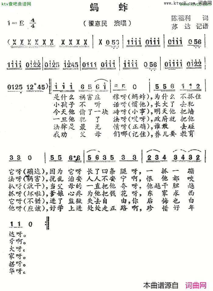 蚂蚱简谱-翟惠民演唱1