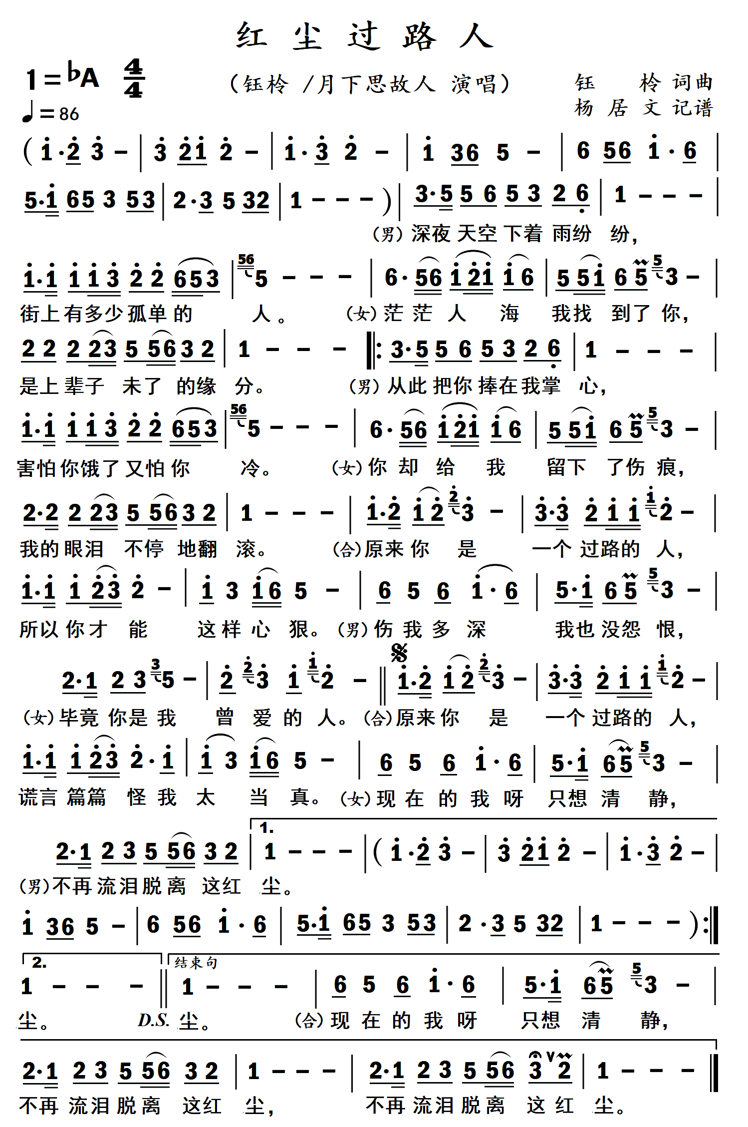 红尘过路人简谱-钰柃演唱-杨居文制作曲谱1