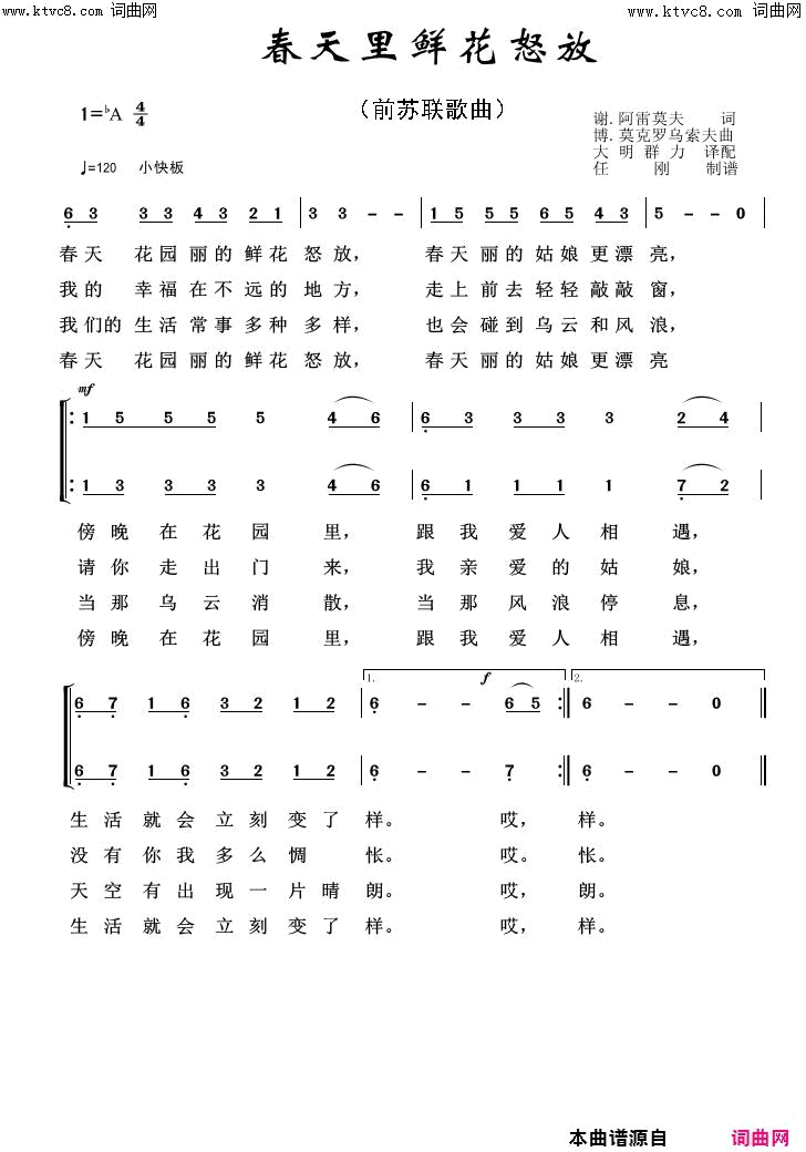 春天里鲜花怒放外国歌曲100首简谱1