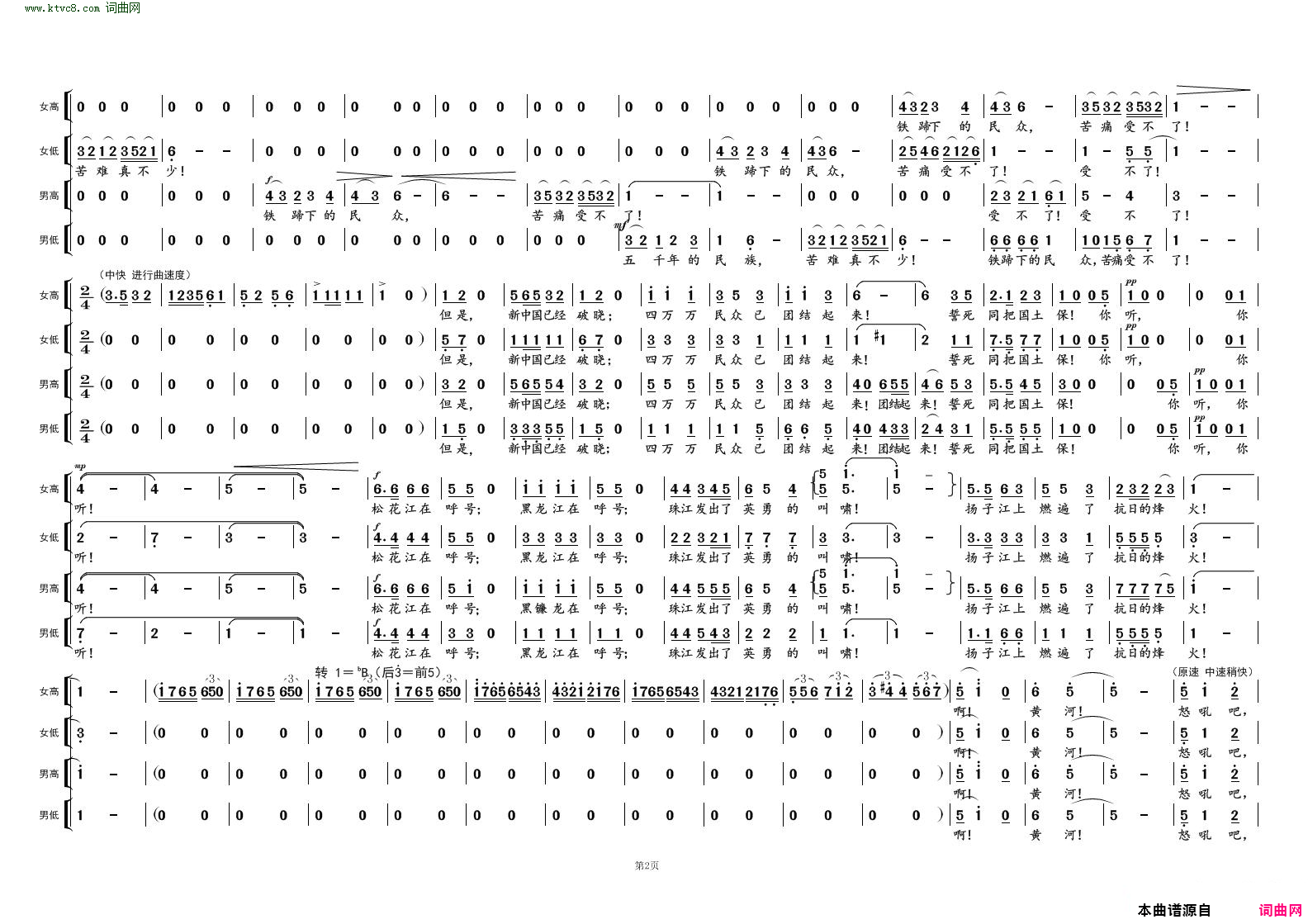 怒吼吧，黄河《黄河大合唱》曲八简谱1