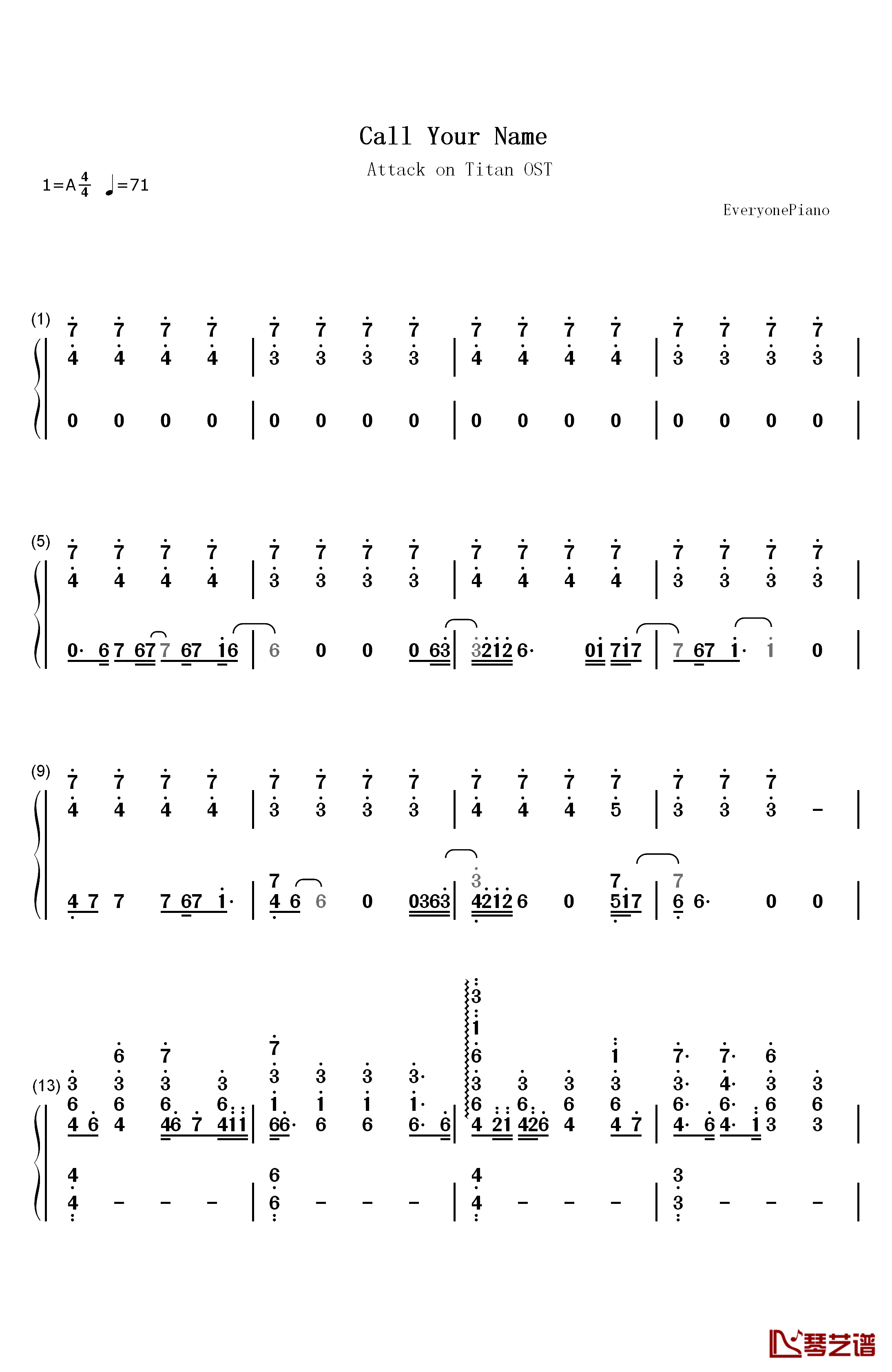 Call your name钢琴简谱-数字双手-mpi & CASG1