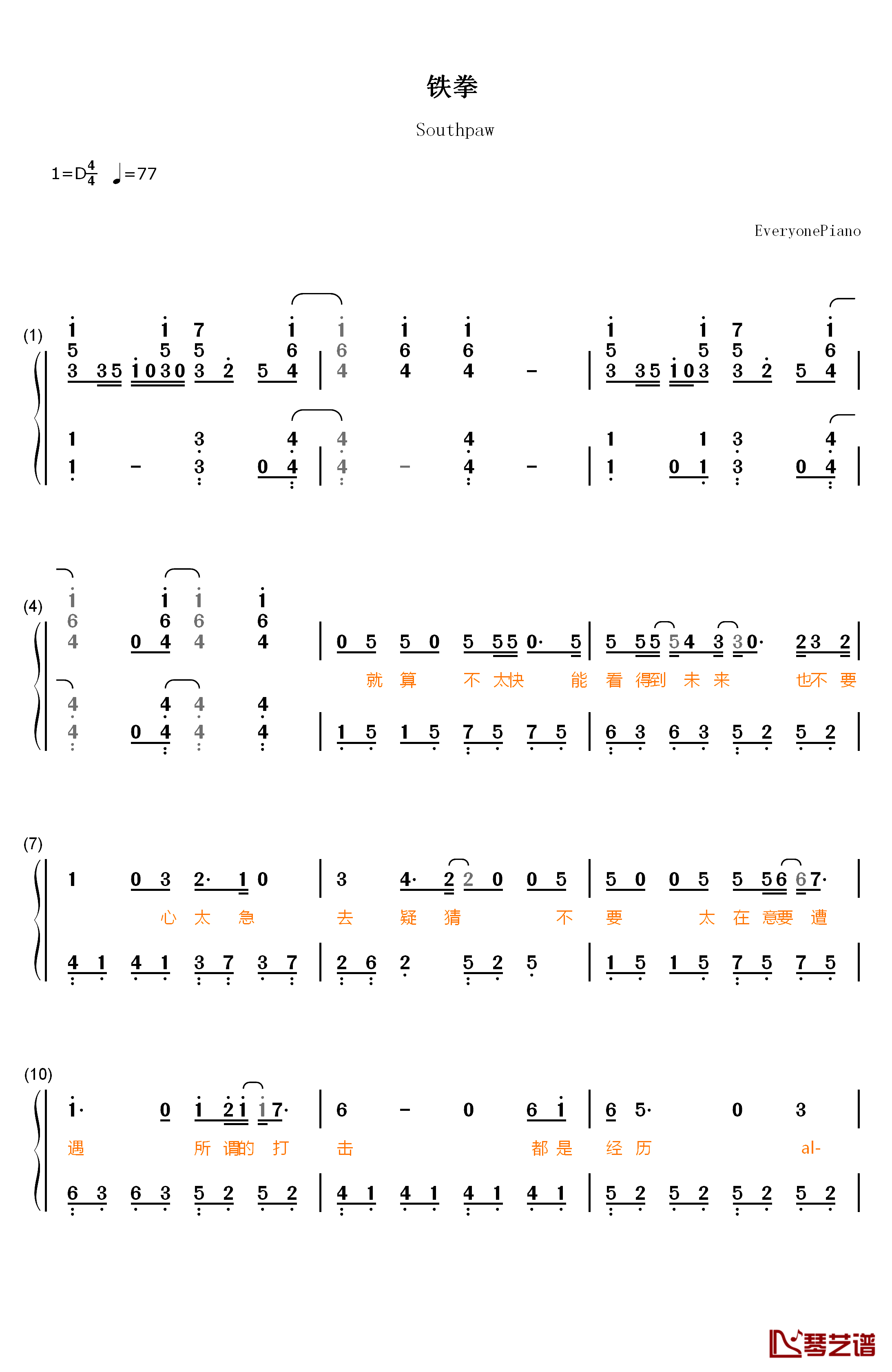 铁拳钢琴简谱-数字双手-筷子兄弟1