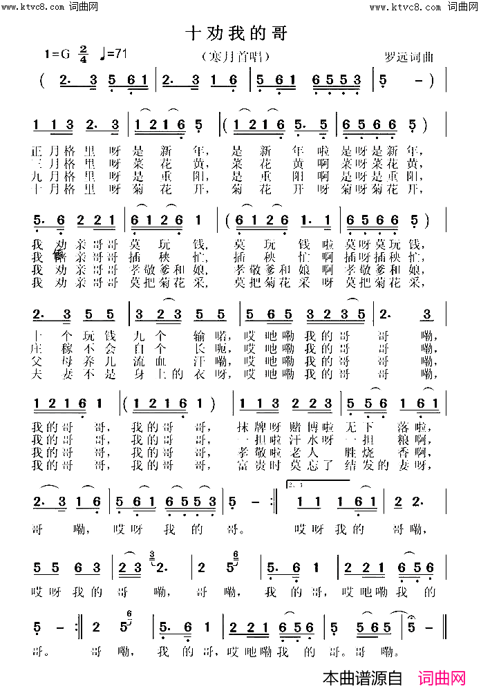 十劝我的哥(首唱、视频)简谱-张定月演唱-张定月曲谱1