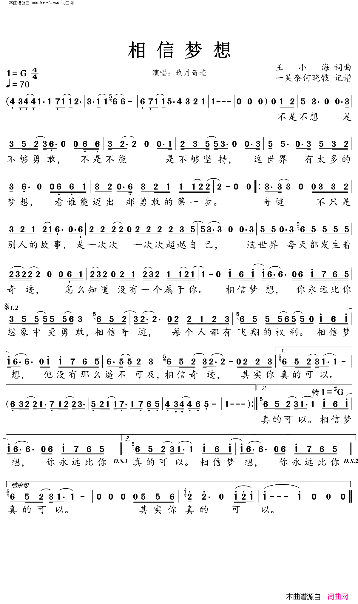 相信梦想简谱-玖月奇迹演唱-王小海/王小海词曲1