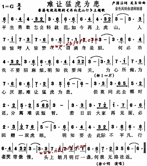 难让猛虎为患《再向虎山行》主题歌、粤语--徐小明简谱1