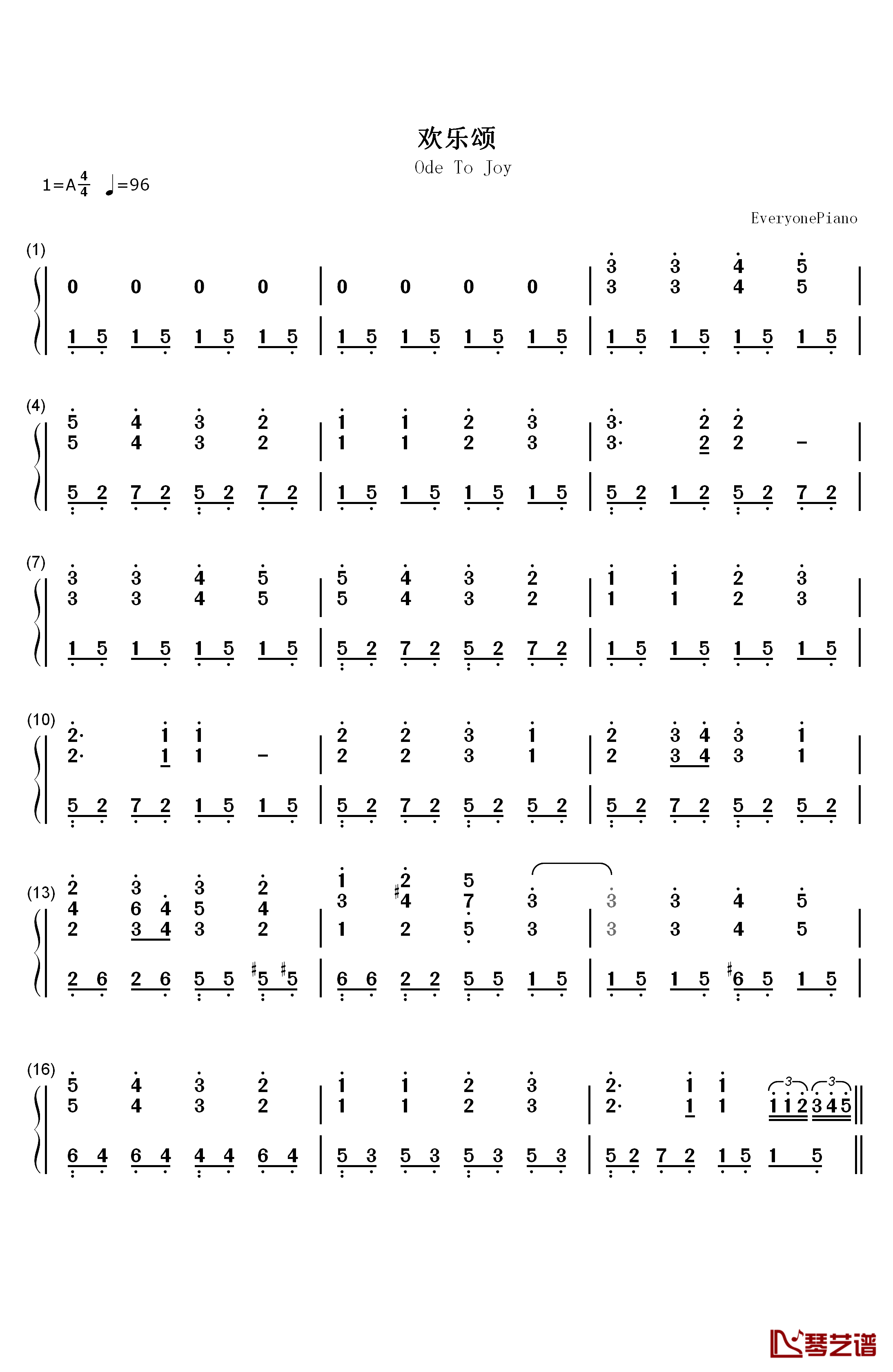 欢乐颂钢琴简谱-数字双手-理查德克莱德曼1