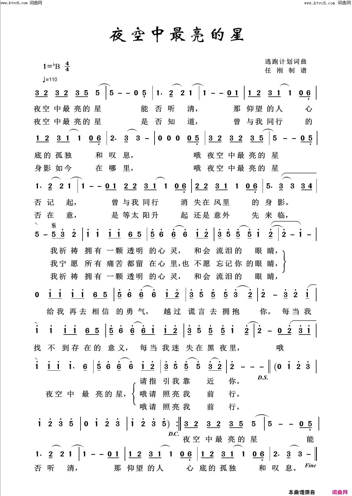 夜空中最亮的星回声嘹亮2020简谱1