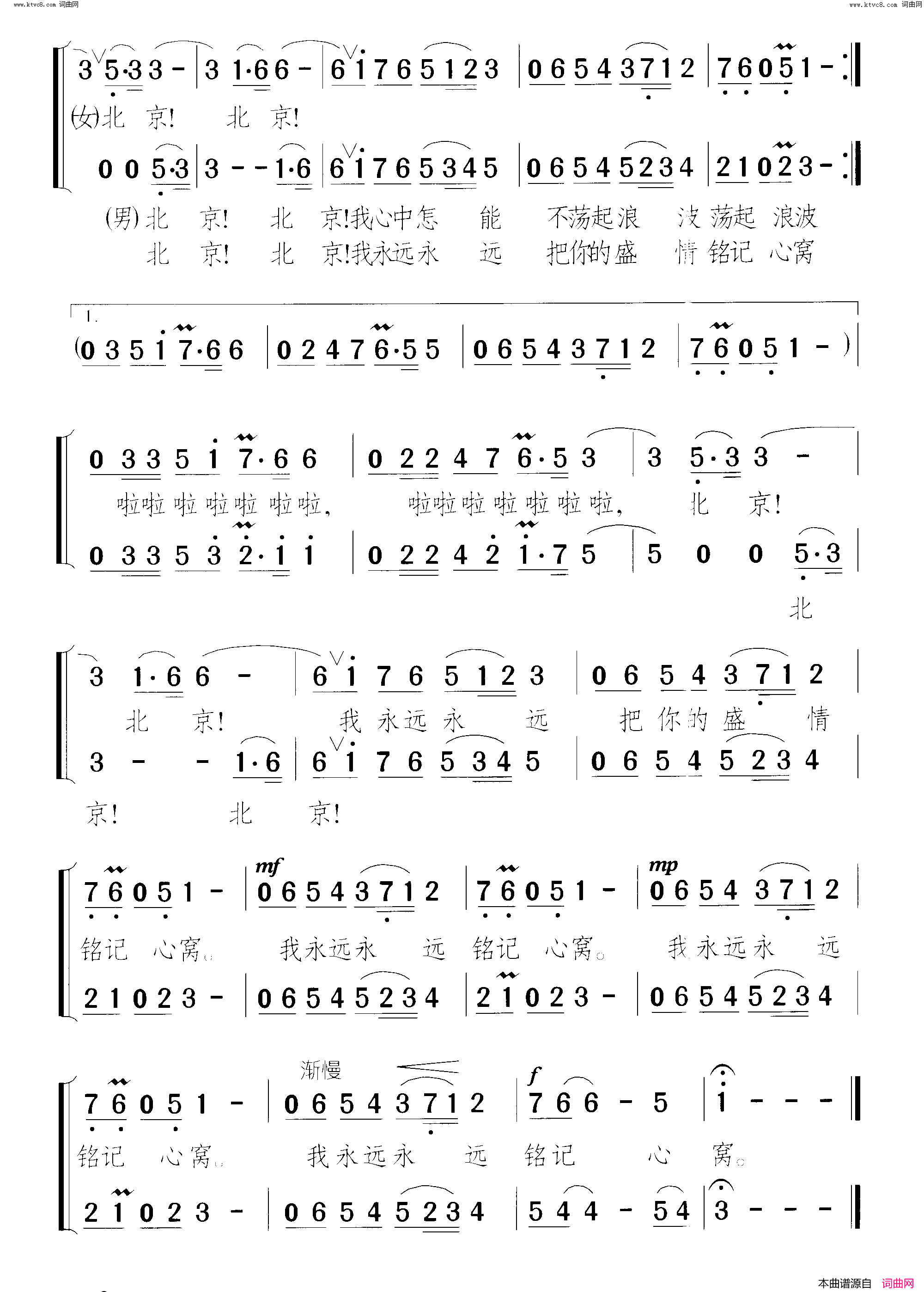 飞向北京 男女声二重唱简谱1
