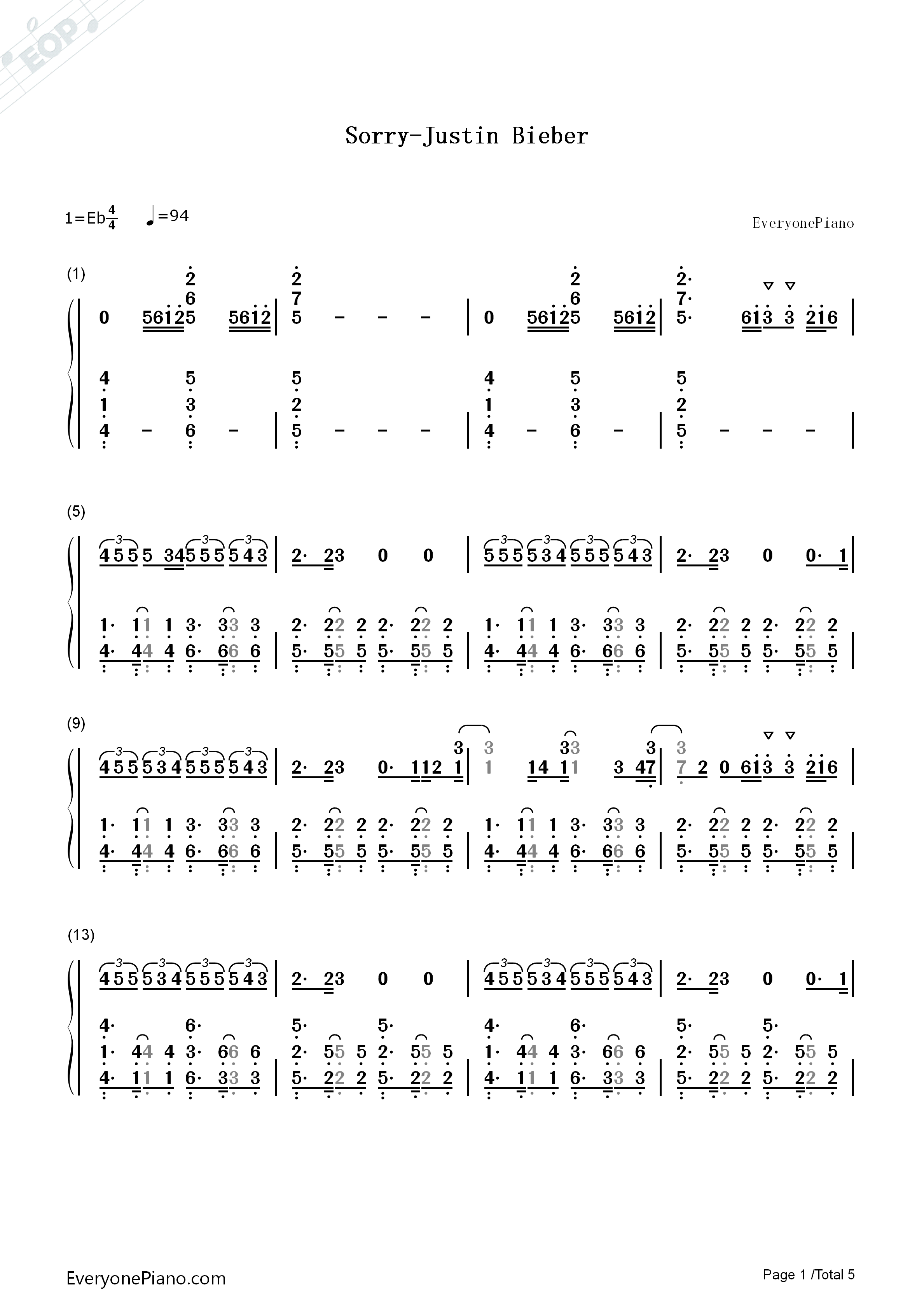Sorry钢琴简谱-Justin Bieber演唱1