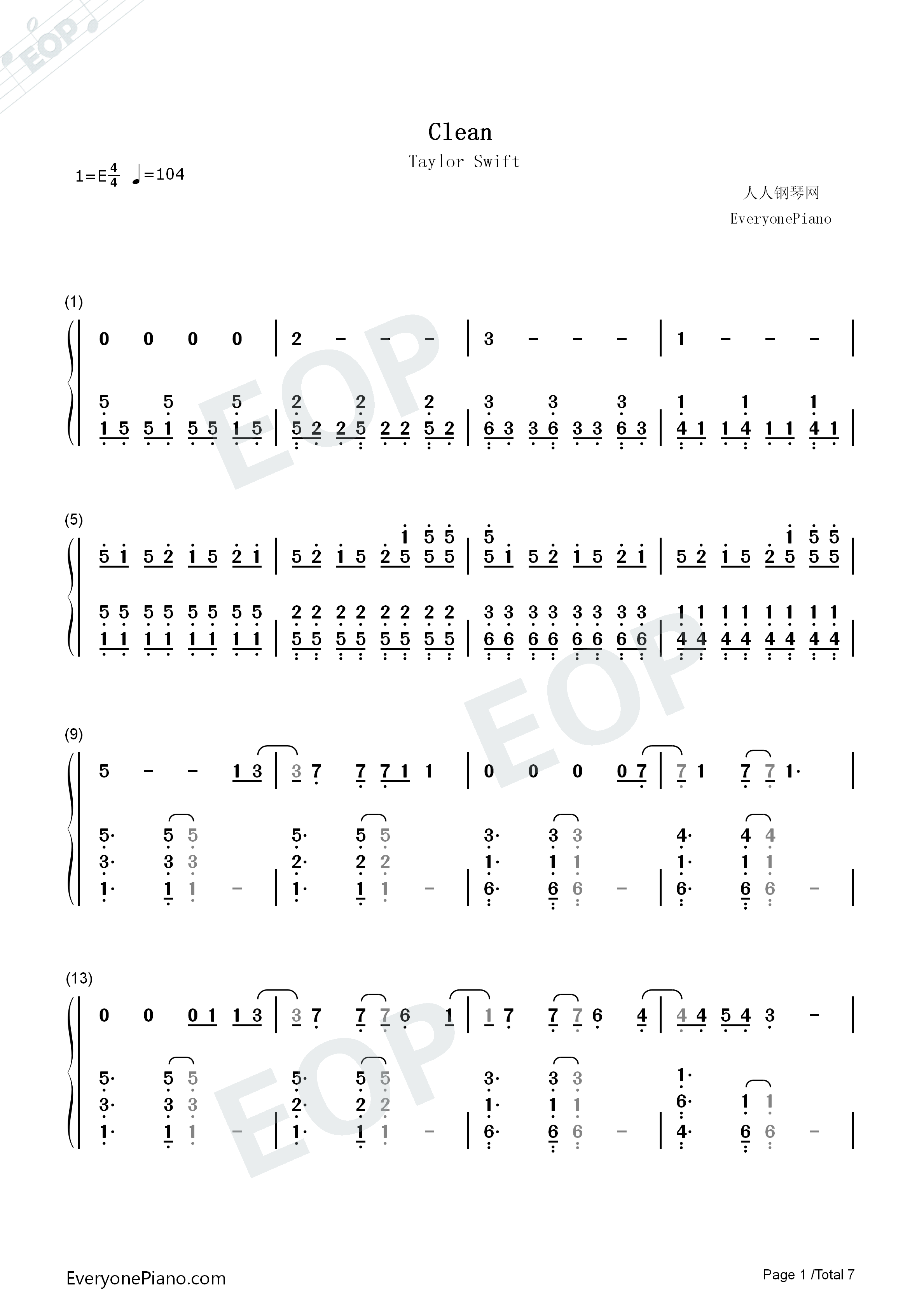 Clean钢琴简谱-Taylor Swift演唱1