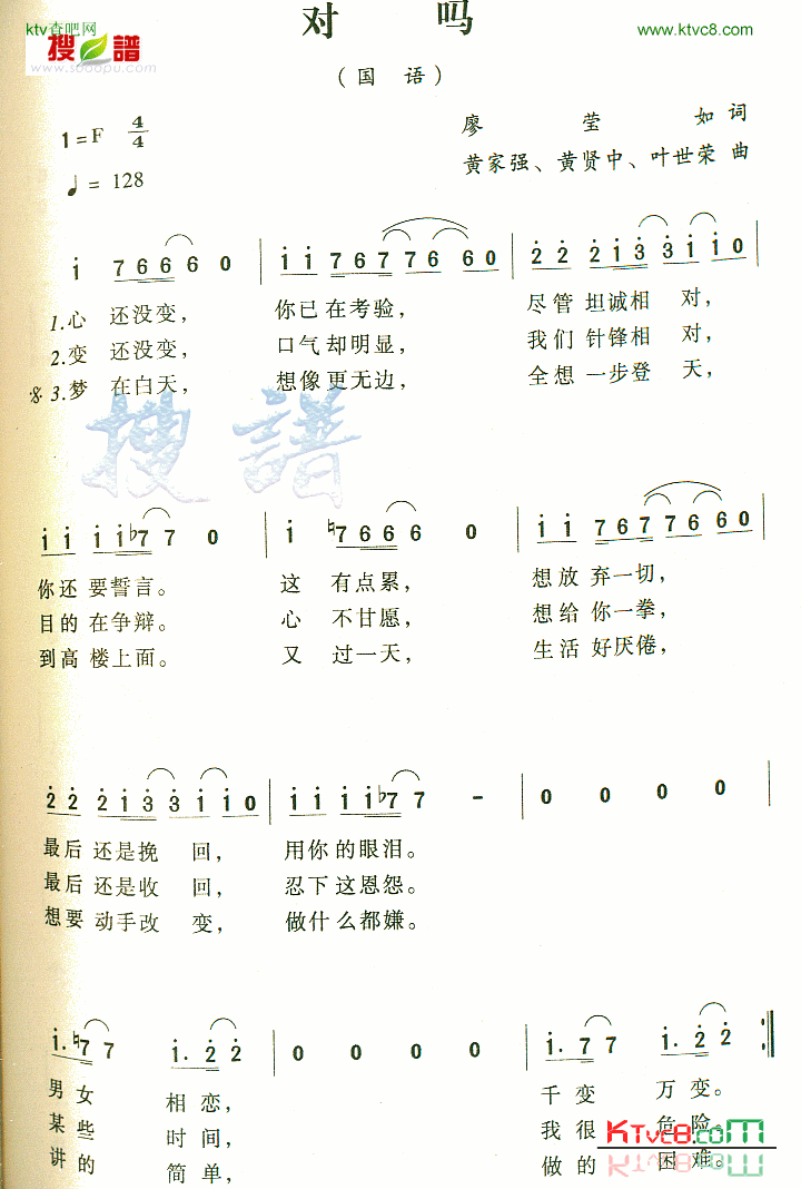 对吗简谱-黄家驹演唱1