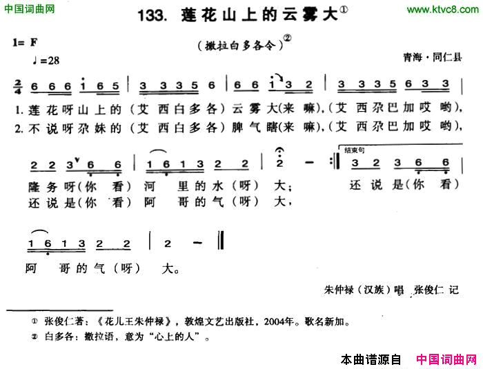 莲花山上的云雾大简谱-朱仲禄演唱-青海民歌词曲1