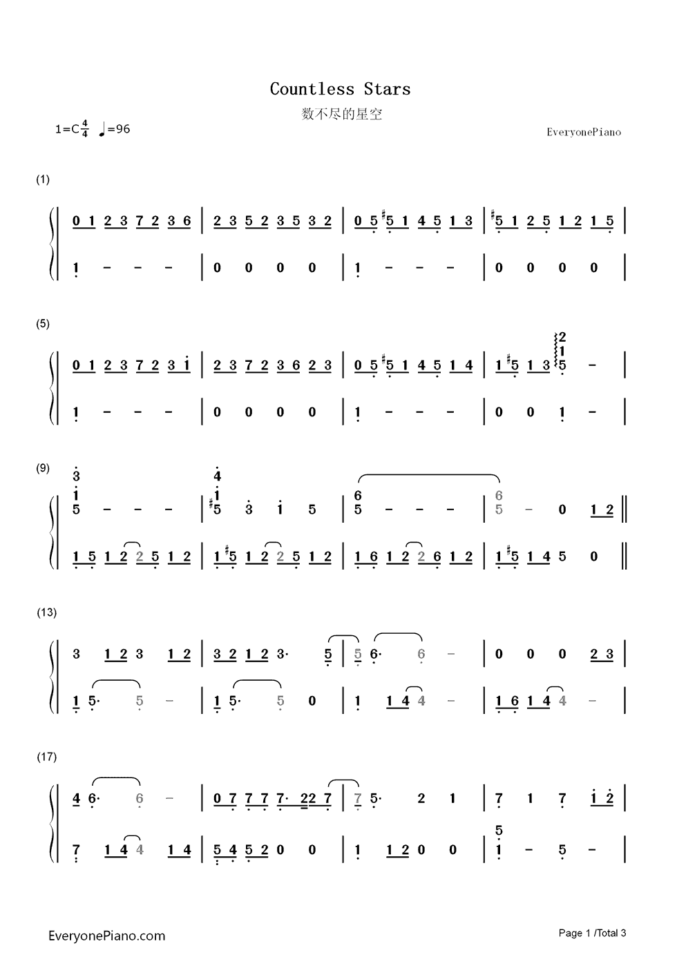 数不尽的星空钢琴简谱-数字双手-曾沛慈1