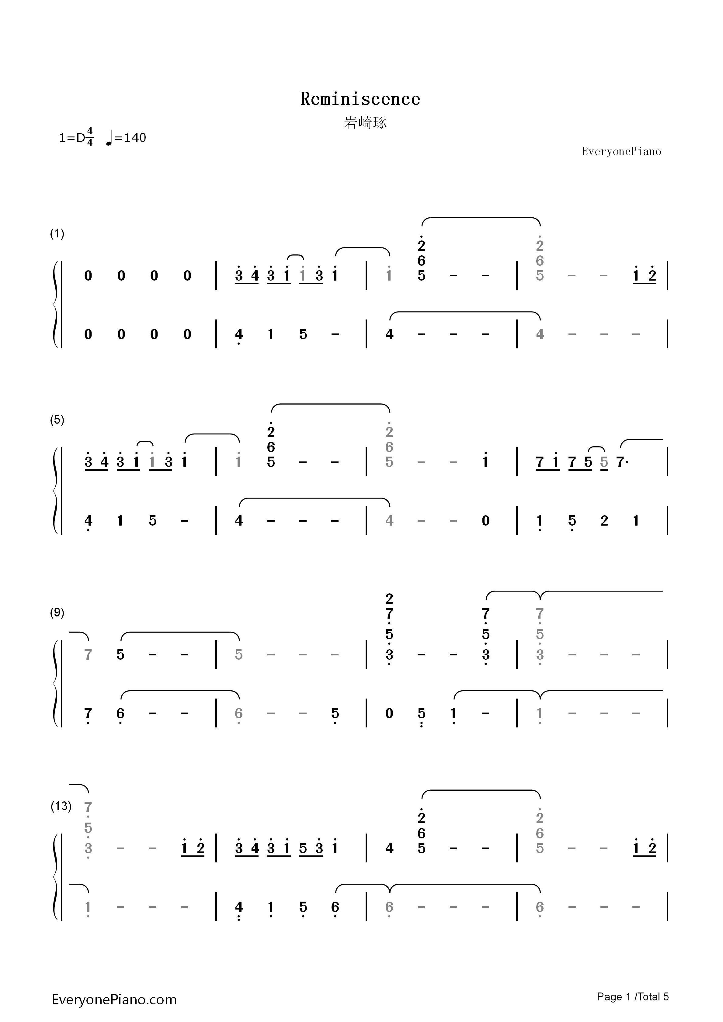 Reminiscence钢琴简谱-岩崎琢演唱1