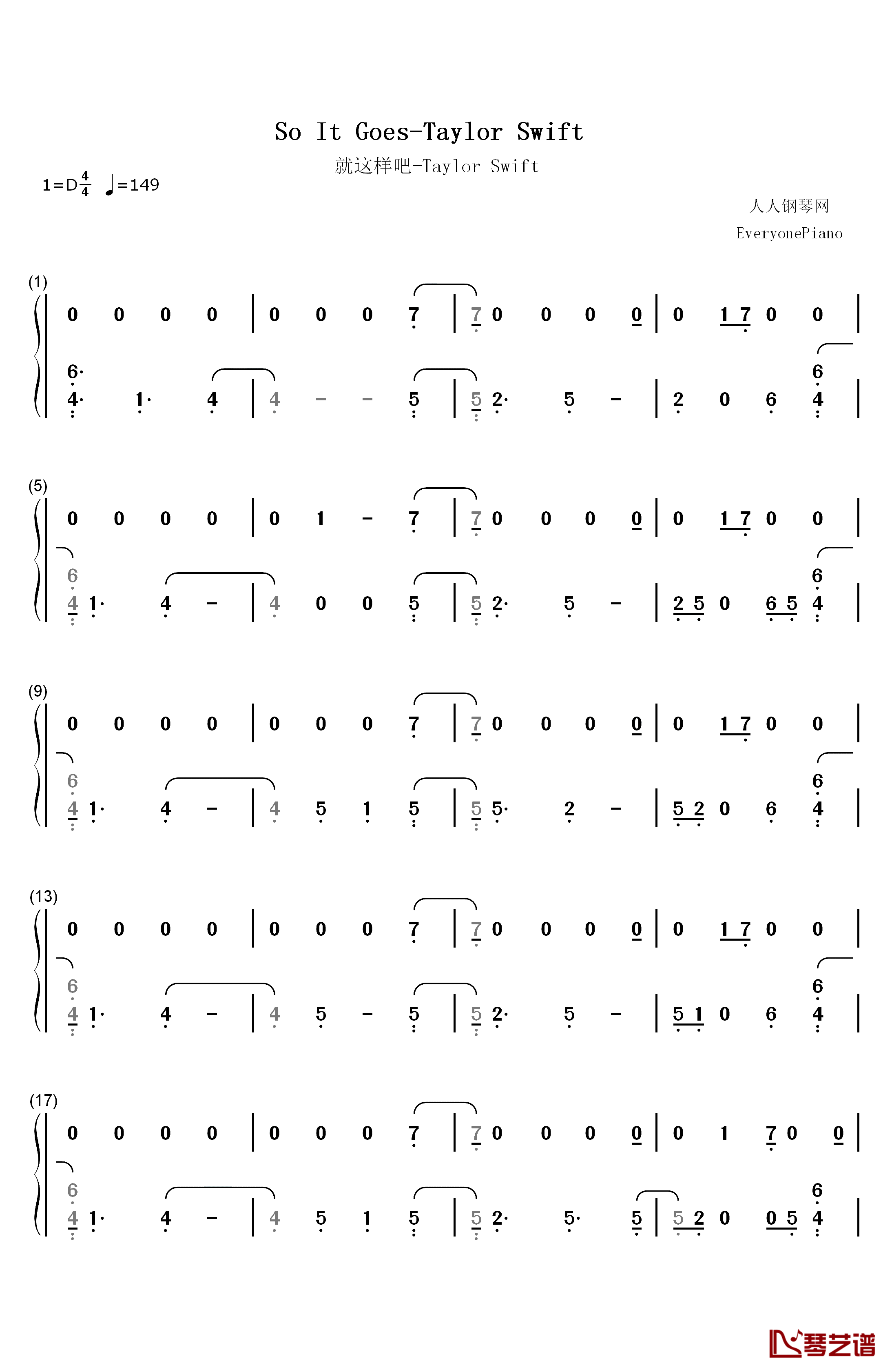 So It Goes…钢琴简谱-数字双手-Taylor Swift1