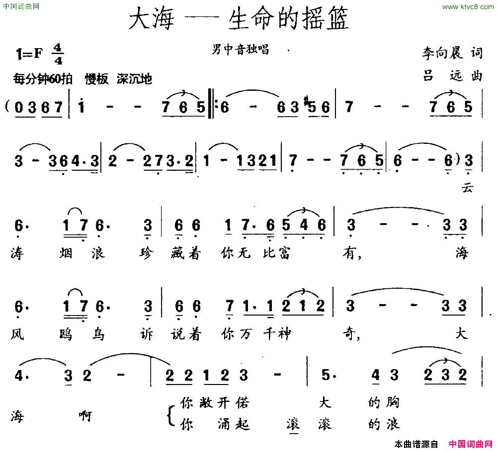 大海——生命的摇篮李向晨词吕远曲简谱1