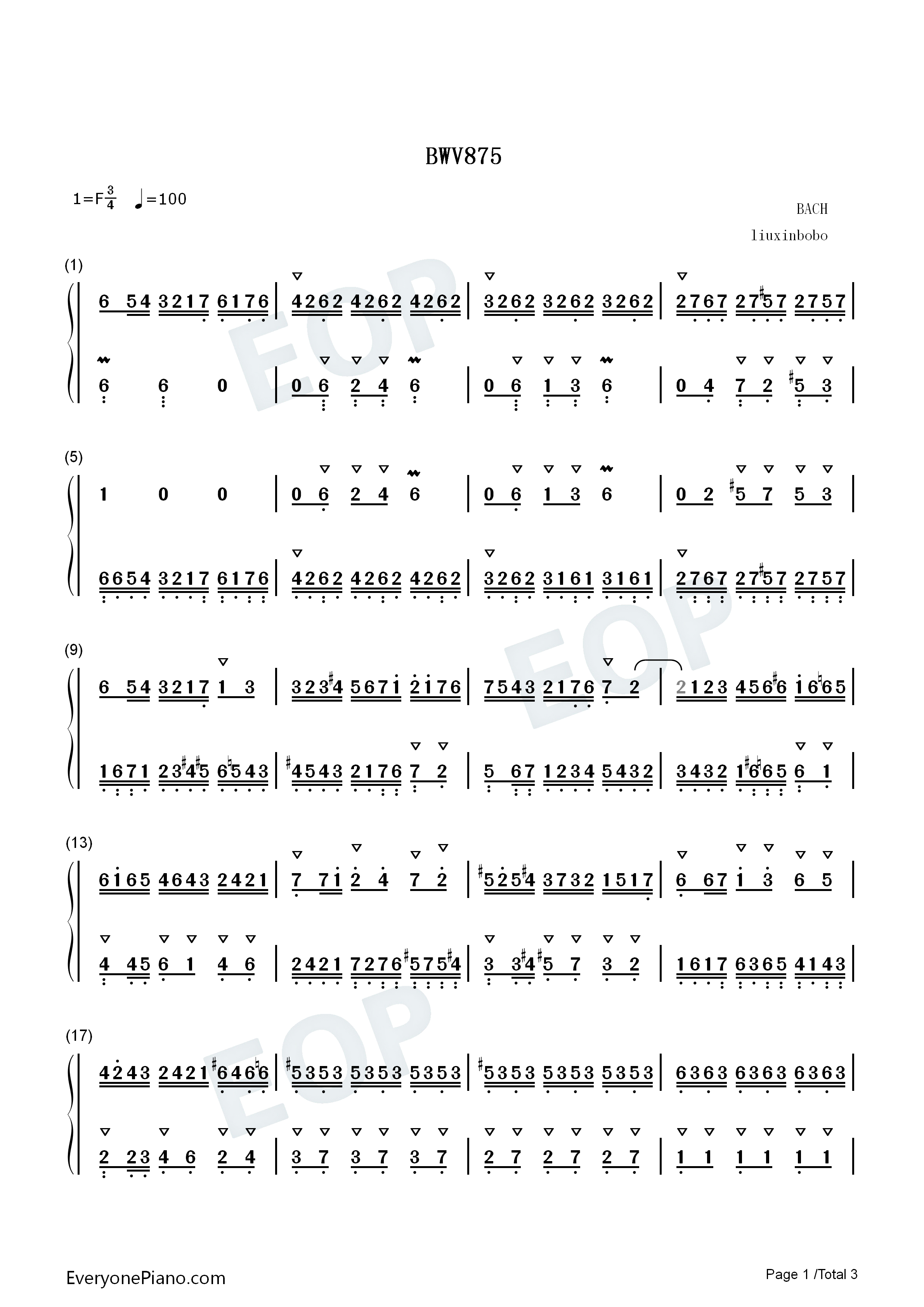 BWV 875钢琴简谱-巴赫演唱1