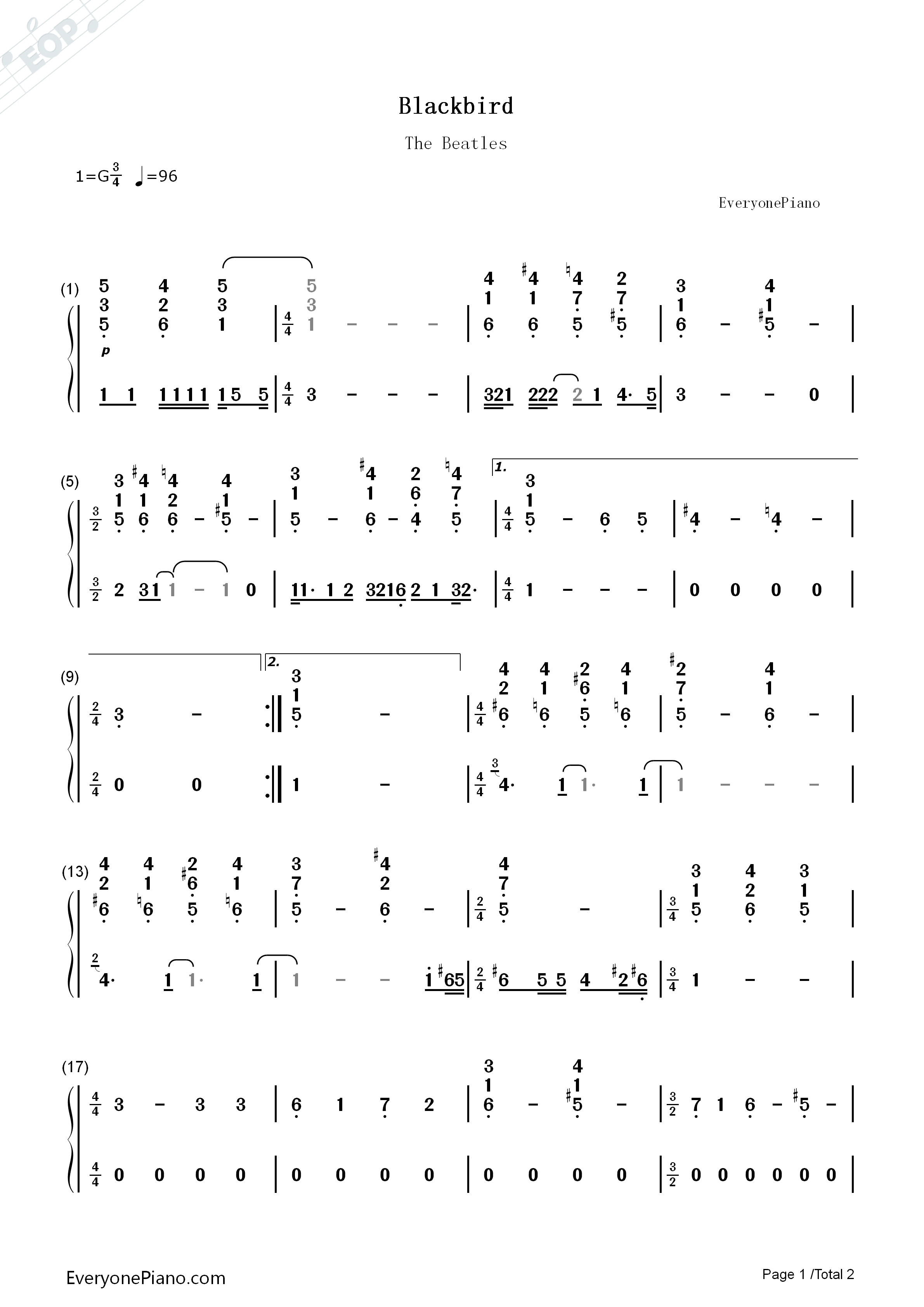 Blackbird钢琴简谱-The Beatles演唱1