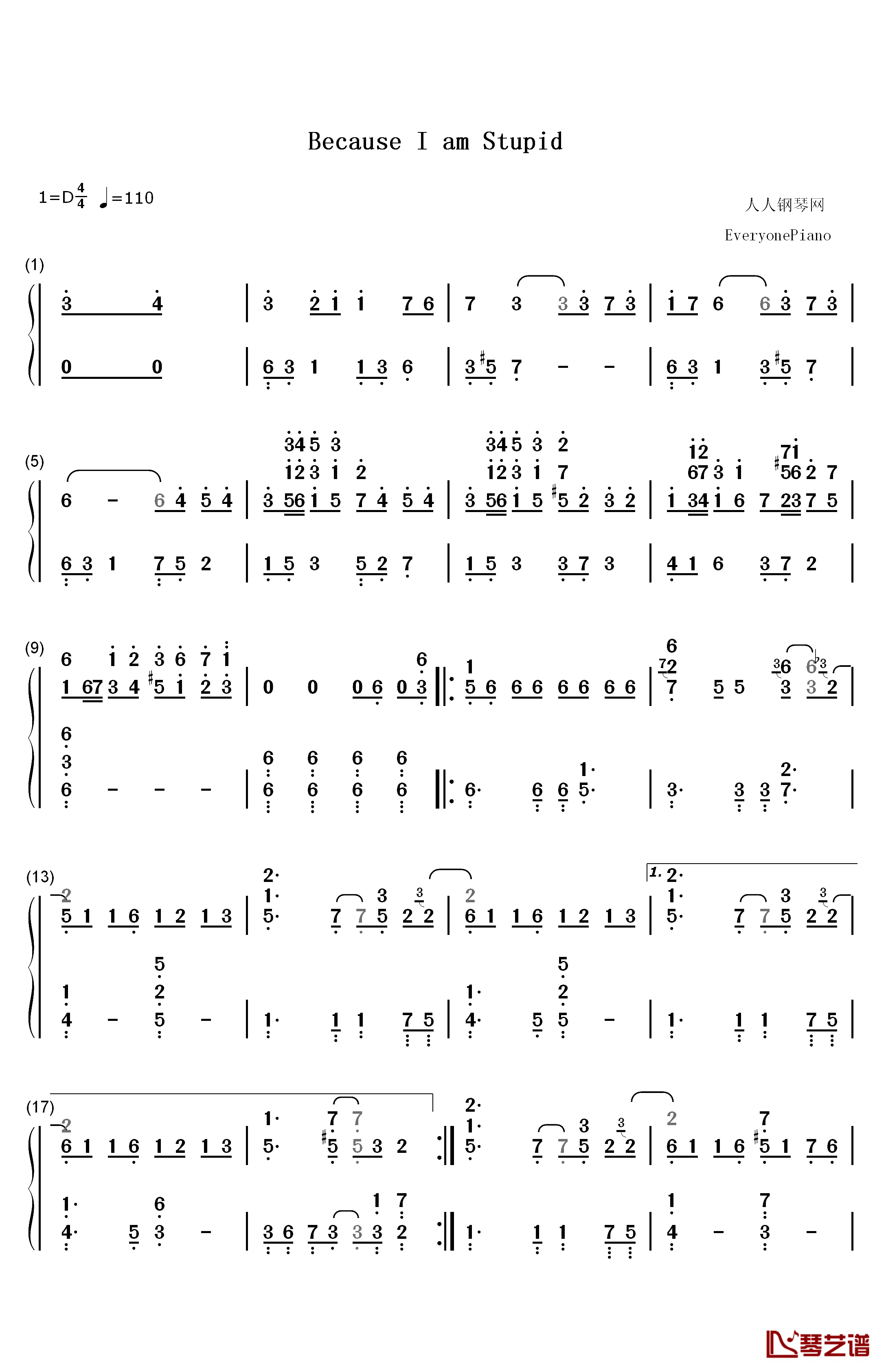 因为我太傻钢琴简谱-数字双手-金贤重1