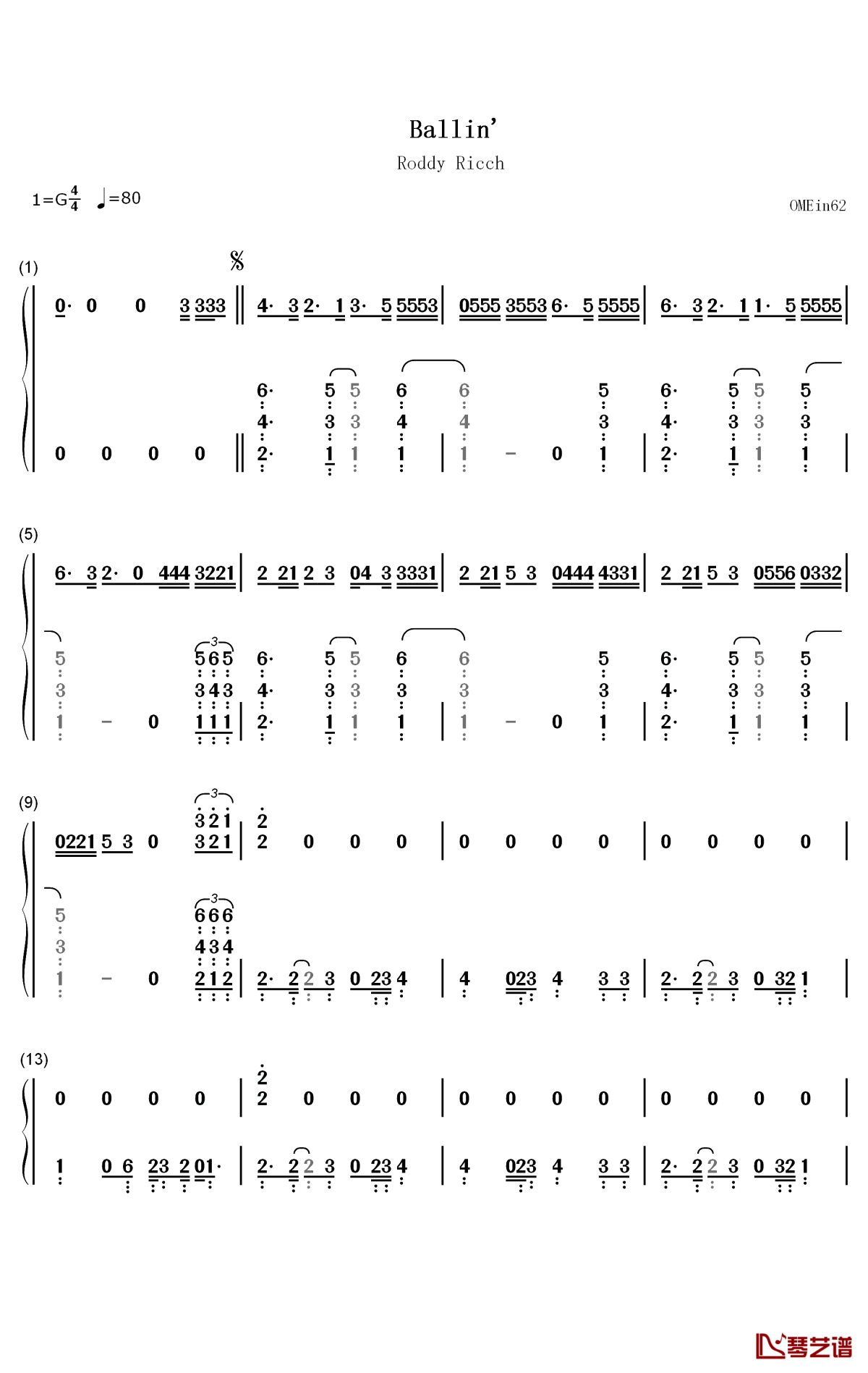 Ballin钢琴简谱-数字双手-Mustard Roddy Ricch1