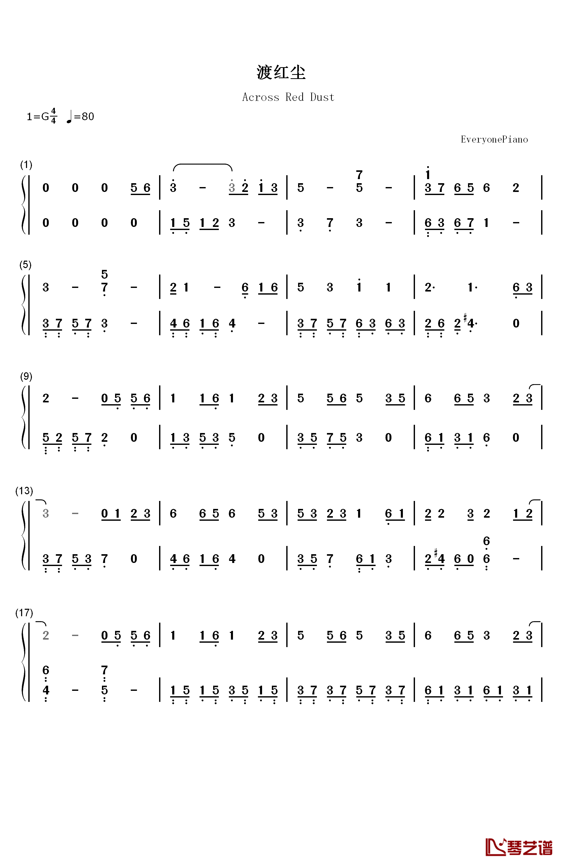 渡红尘钢琴简谱-数字双手-张碧晨1