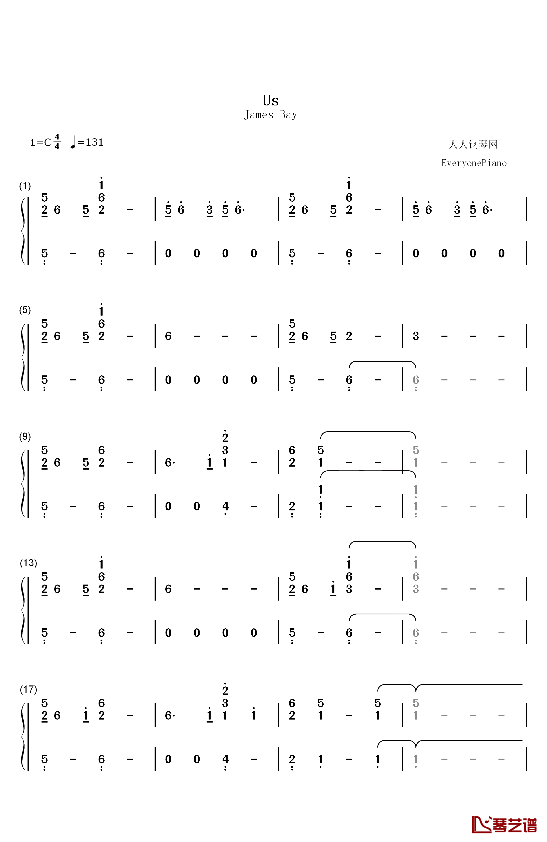 Us钢琴简谱-数字双手-James Bay1