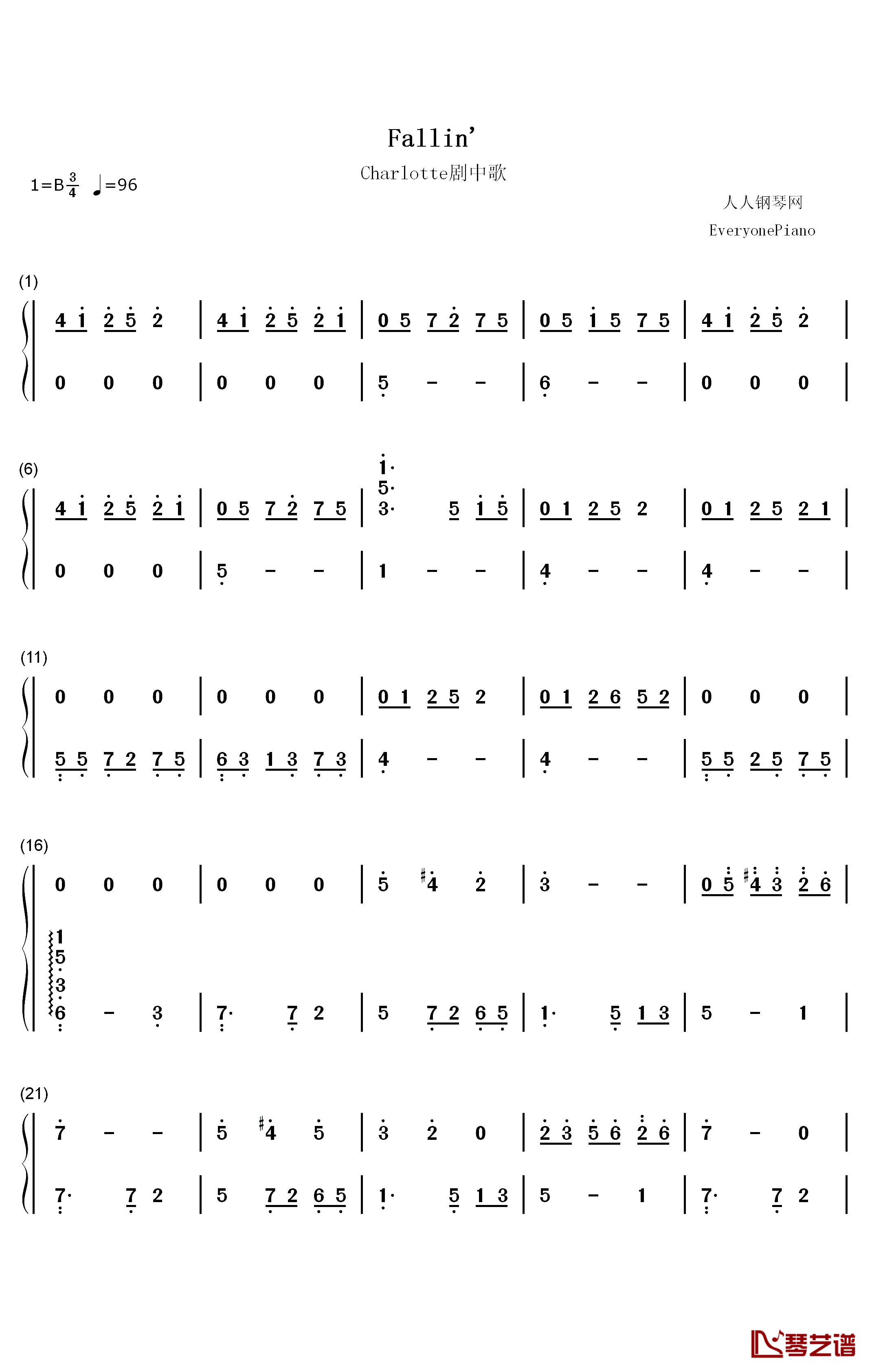 Fallin钢琴简谱-数字双手-marina1