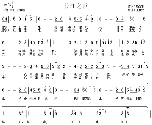 长江之歌《话说长江》主题曲---可听简谱1