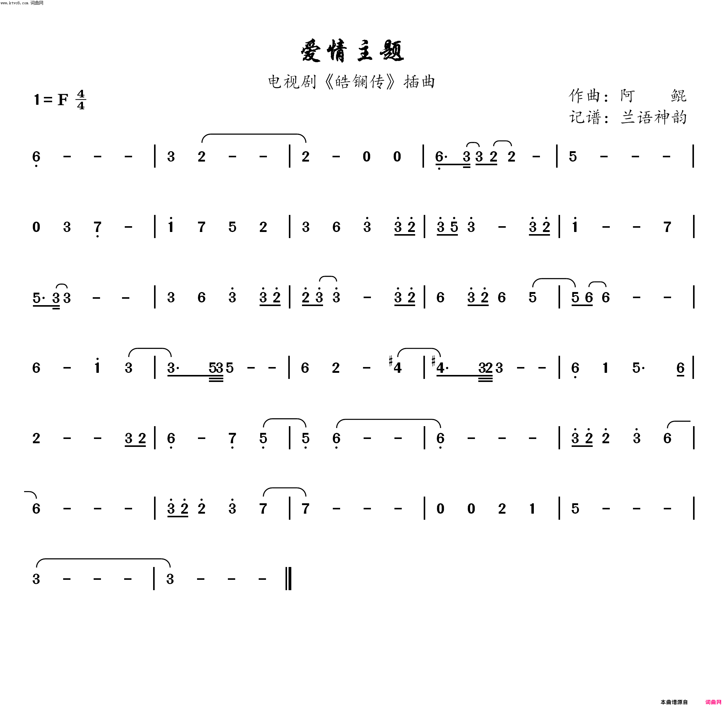 爱情主题电视剧《皓镧传》插曲简谱1