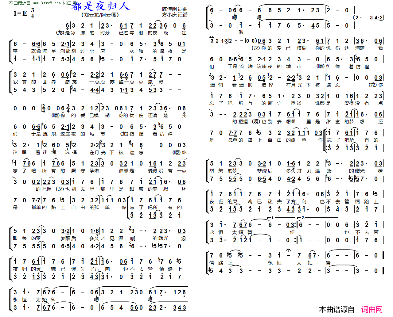 都是夜归人男声二重唱简谱-郑云龙演唱-陈佳明/陈佳明词曲1