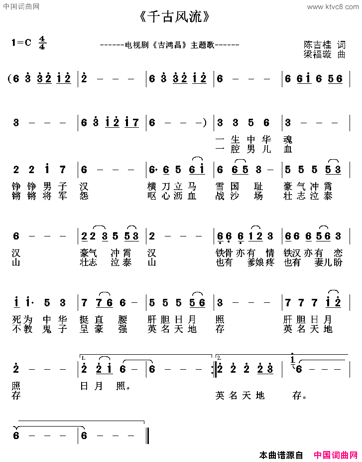 千古风流陈吉桂词梁福璇曲千古风流陈吉桂词 梁福璇曲简谱1