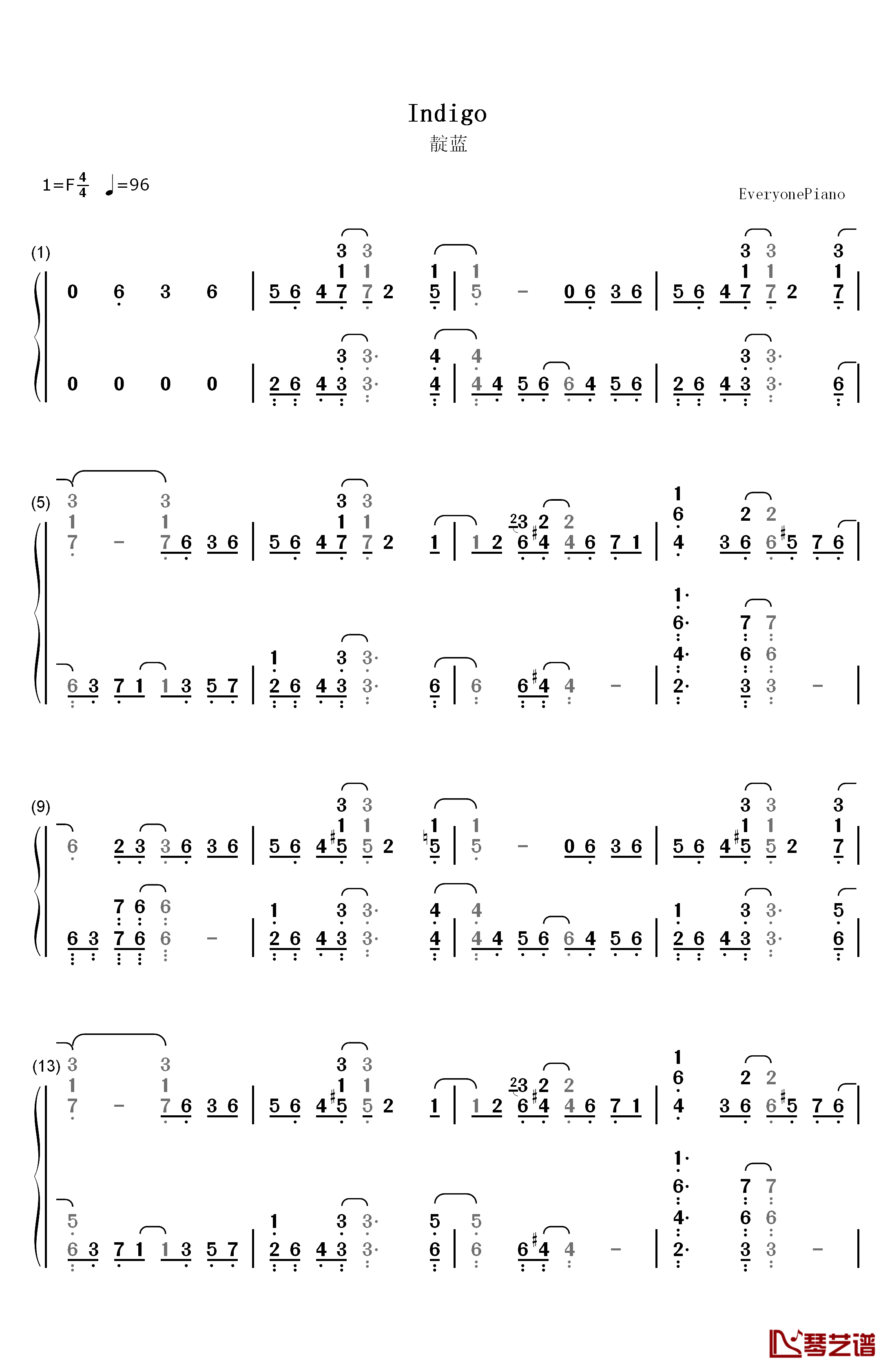 Indigo靛蓝钢琴简谱-数字双手-Yiruma1