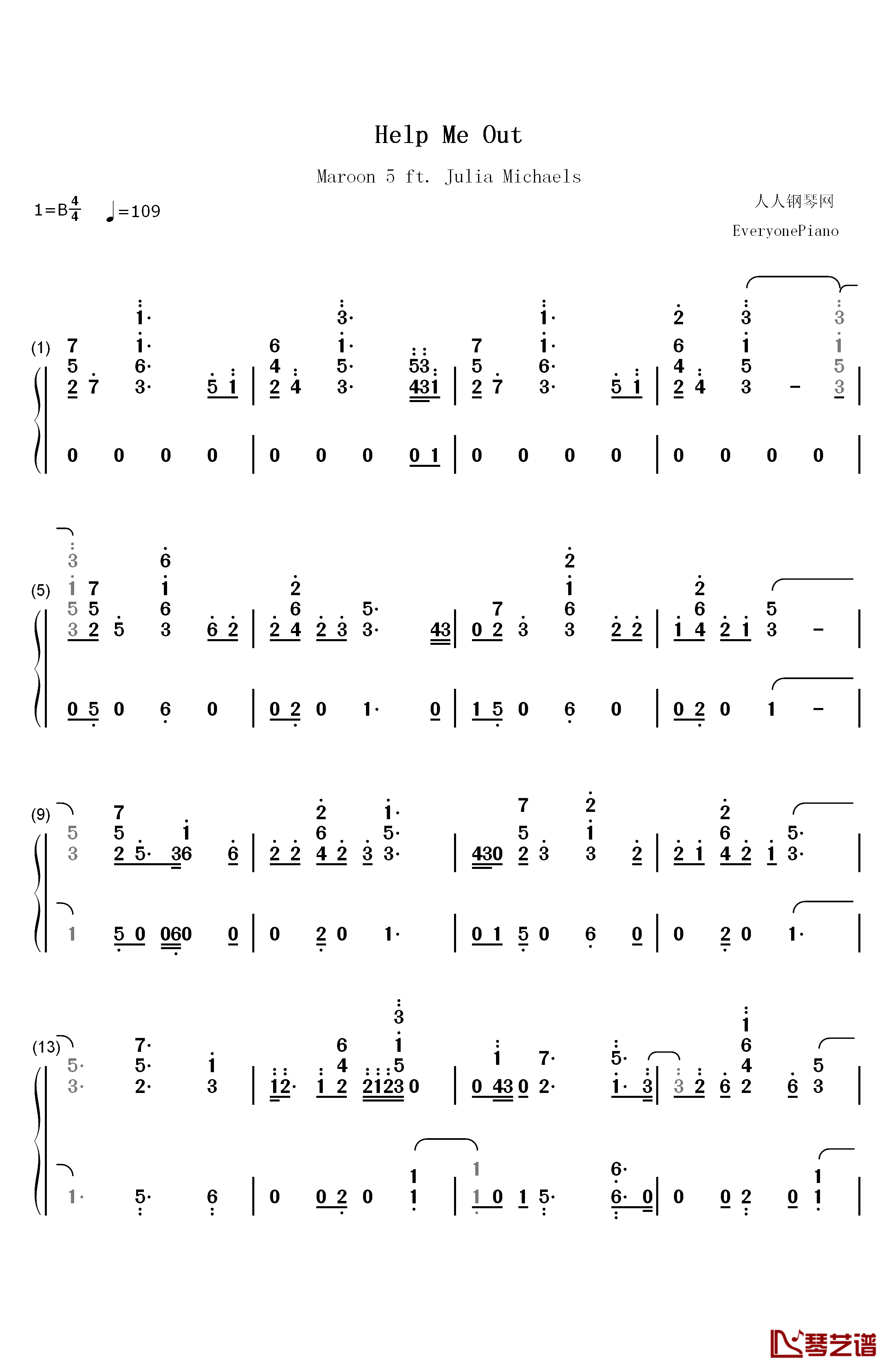 Help Me Out钢琴简谱-数字双手-Maroon 5 Julia Michaels1