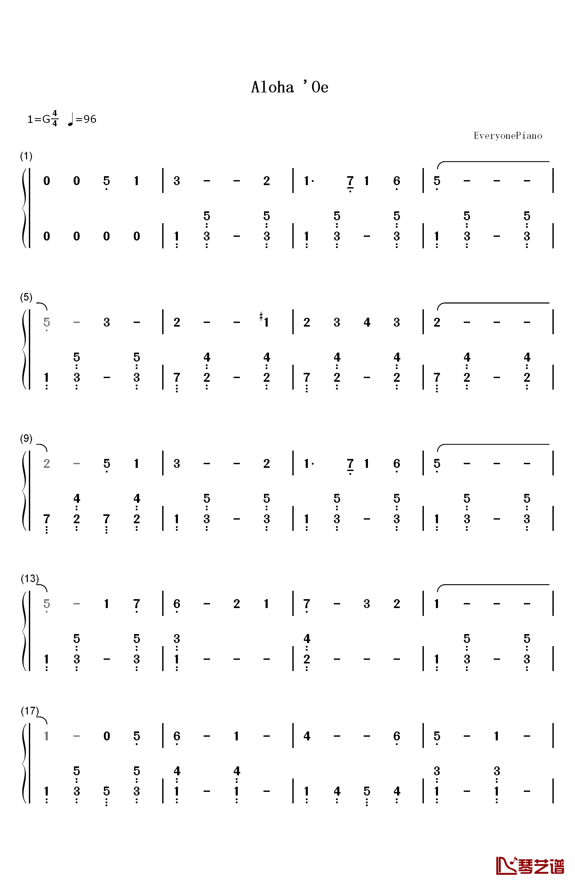 Aloha 'Oe钢琴简谱-数字双手-Liliuokalani1