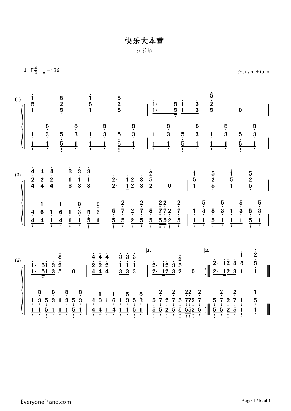 啦啦歌钢琴简谱-数字双手-快乐家族1