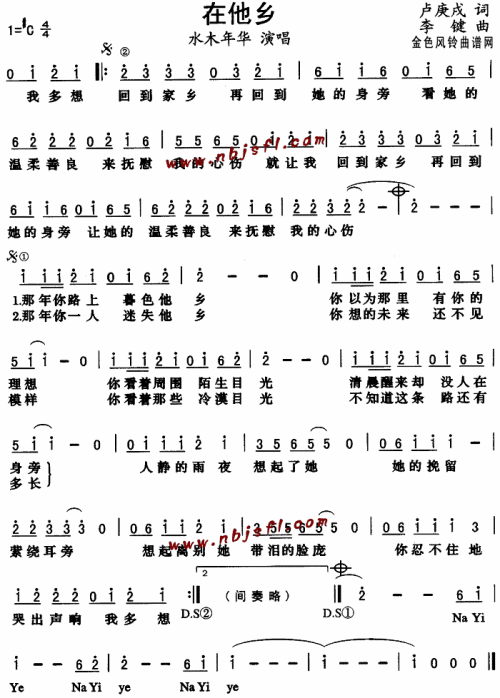 在他乡--水木年华简谱1