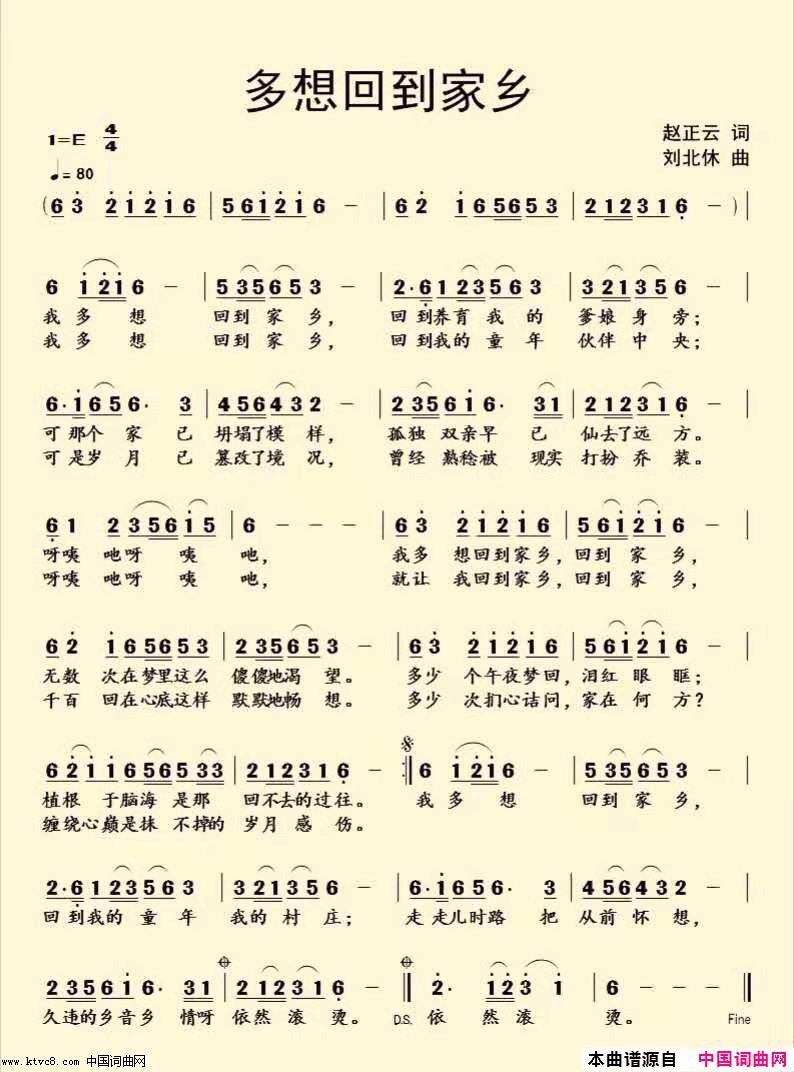多想回到家乡简谱-赵正云演唱-赵正云/刘北休词曲1