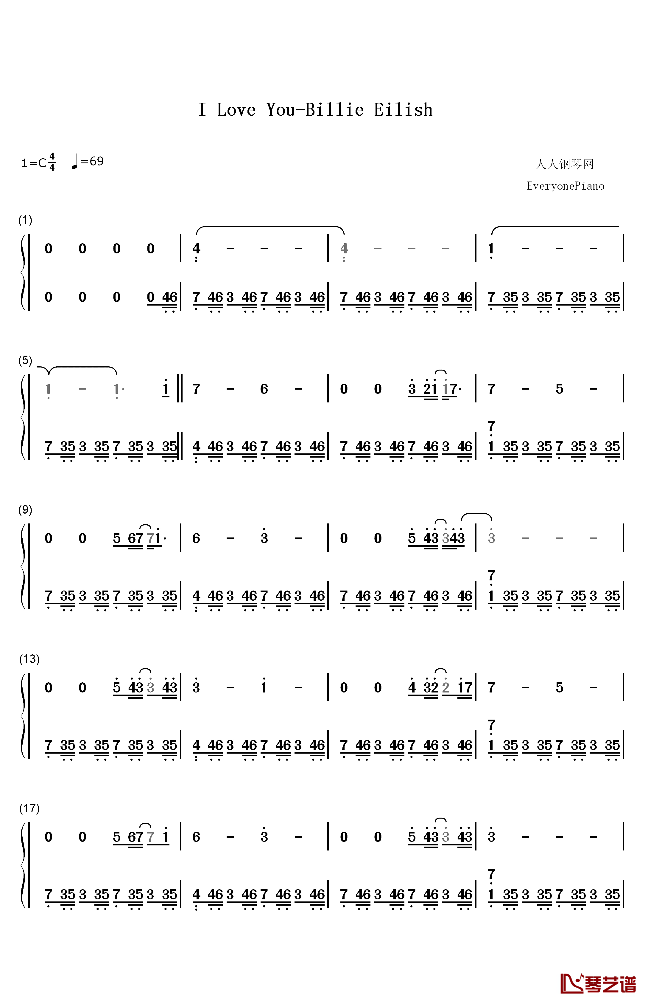 I Love You钢琴简谱-数字双手-Billie Eilish1