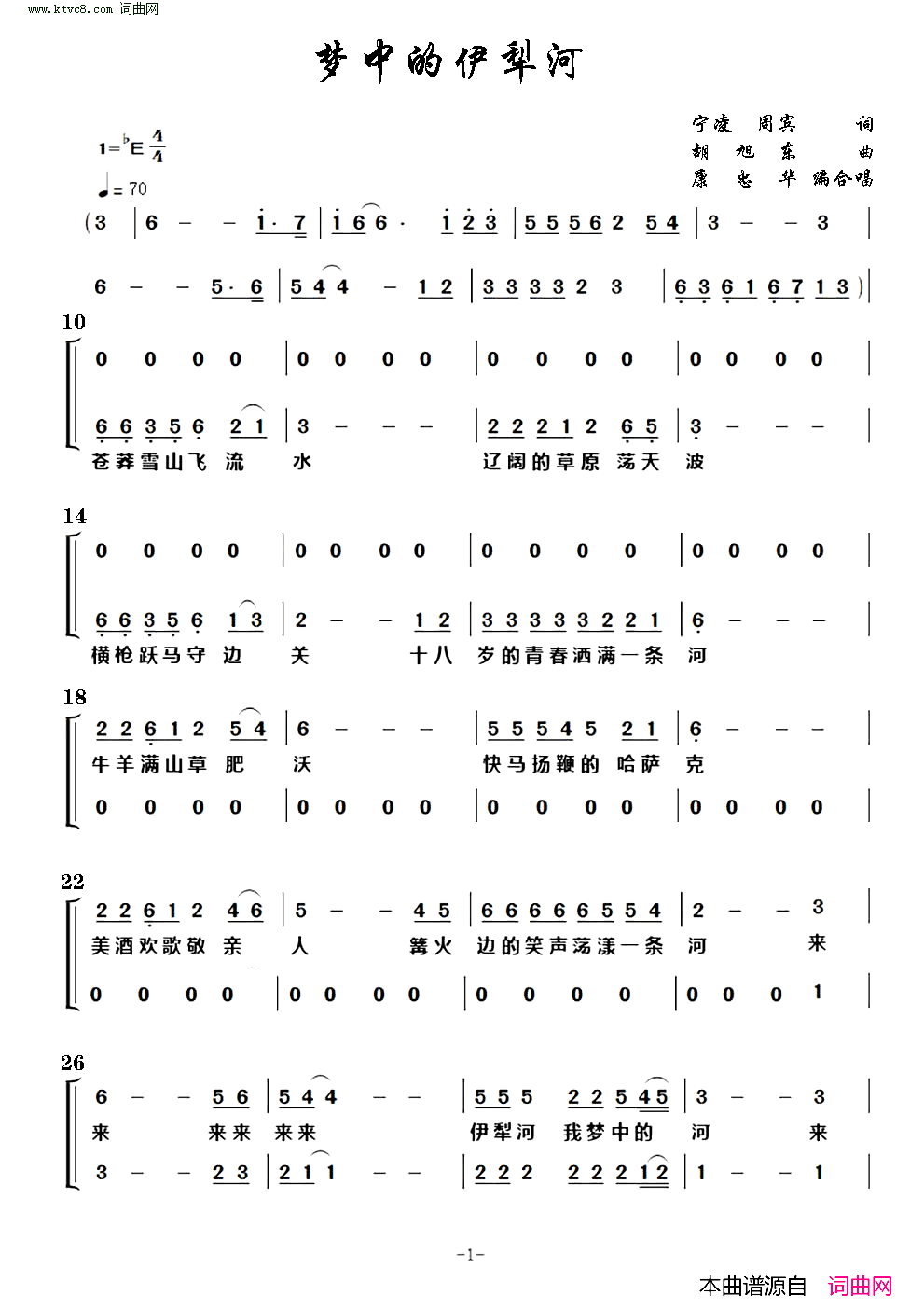 《梦中的伊犁河(合唱谱)》简谱 宁凌作词 周宾作词 胡旭东作曲 康忠华作曲  第1页